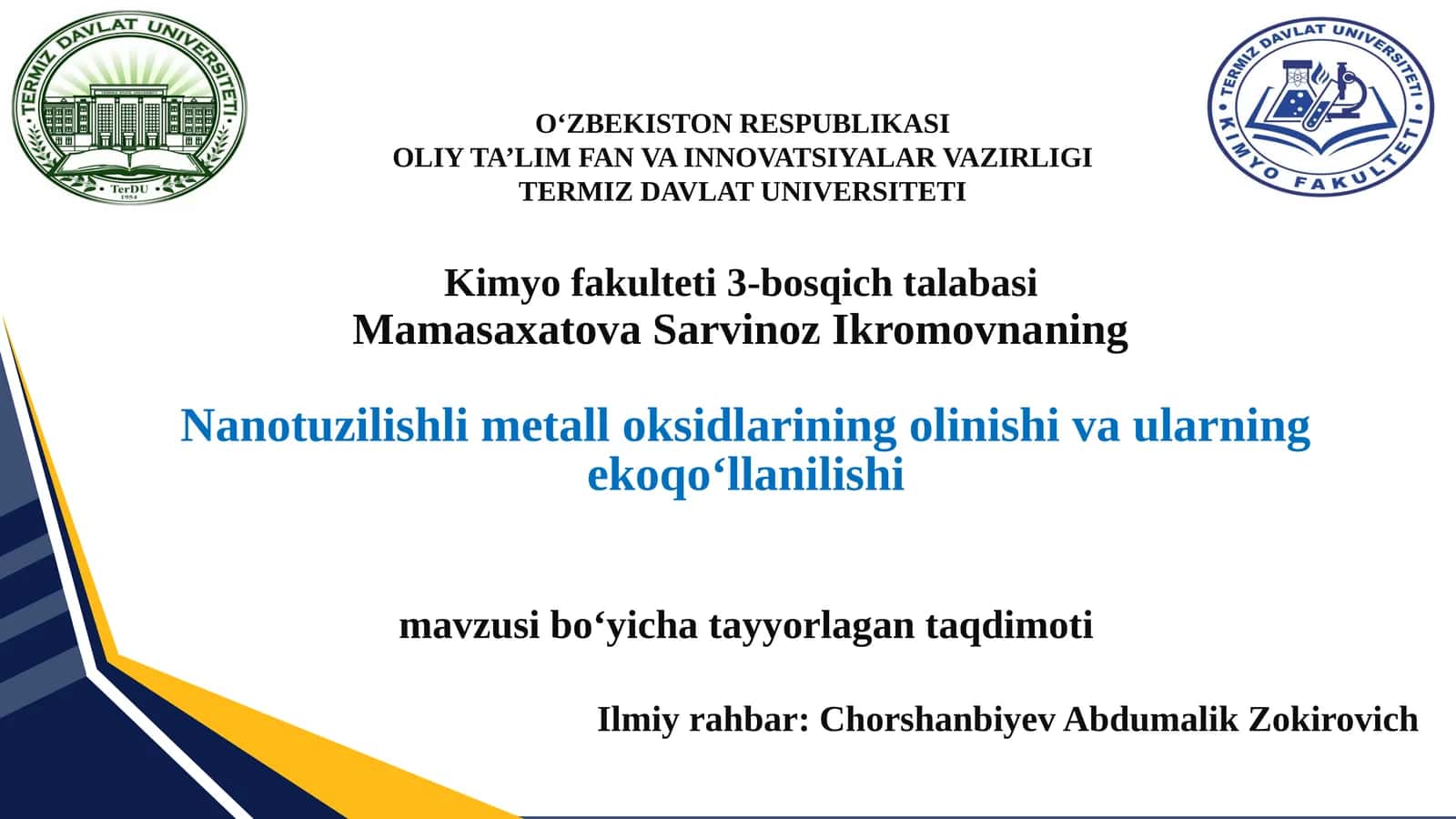 Nanotuzilish Limetalloksidlarining Olinishi va Ular Ning Ekoqo‘llanilishi