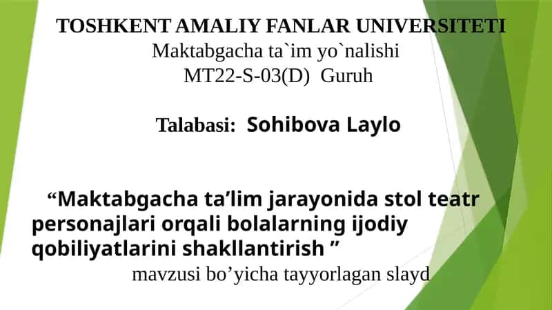 Maktabgacha taʼlim jarayonida stol teatr personajlari orqali bolalarning ijodiy qobiliyatlarini shakllantirish .pptx