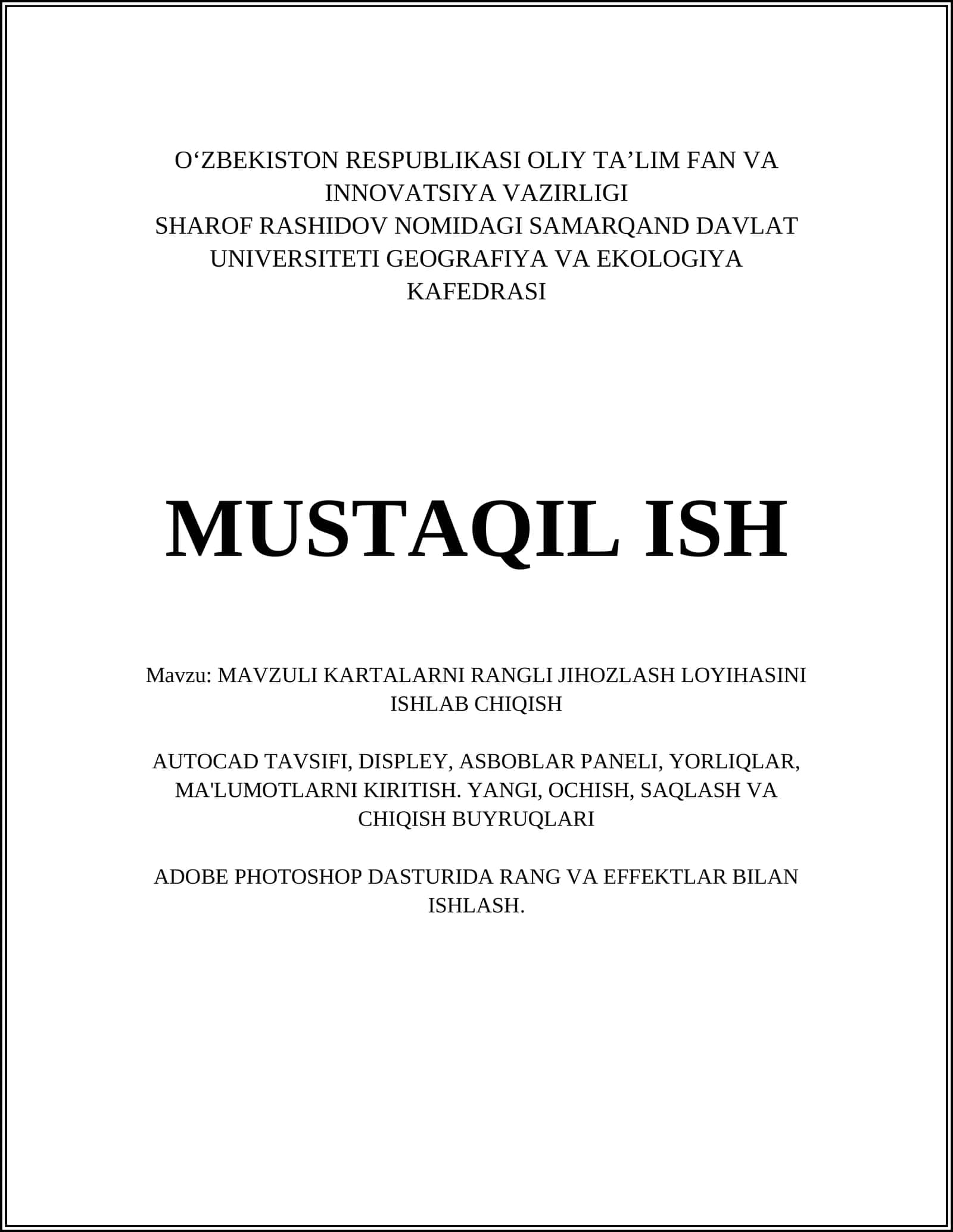 MAVZULI KARTALARNI RANGLI JIHOZLASH LOYIHASI