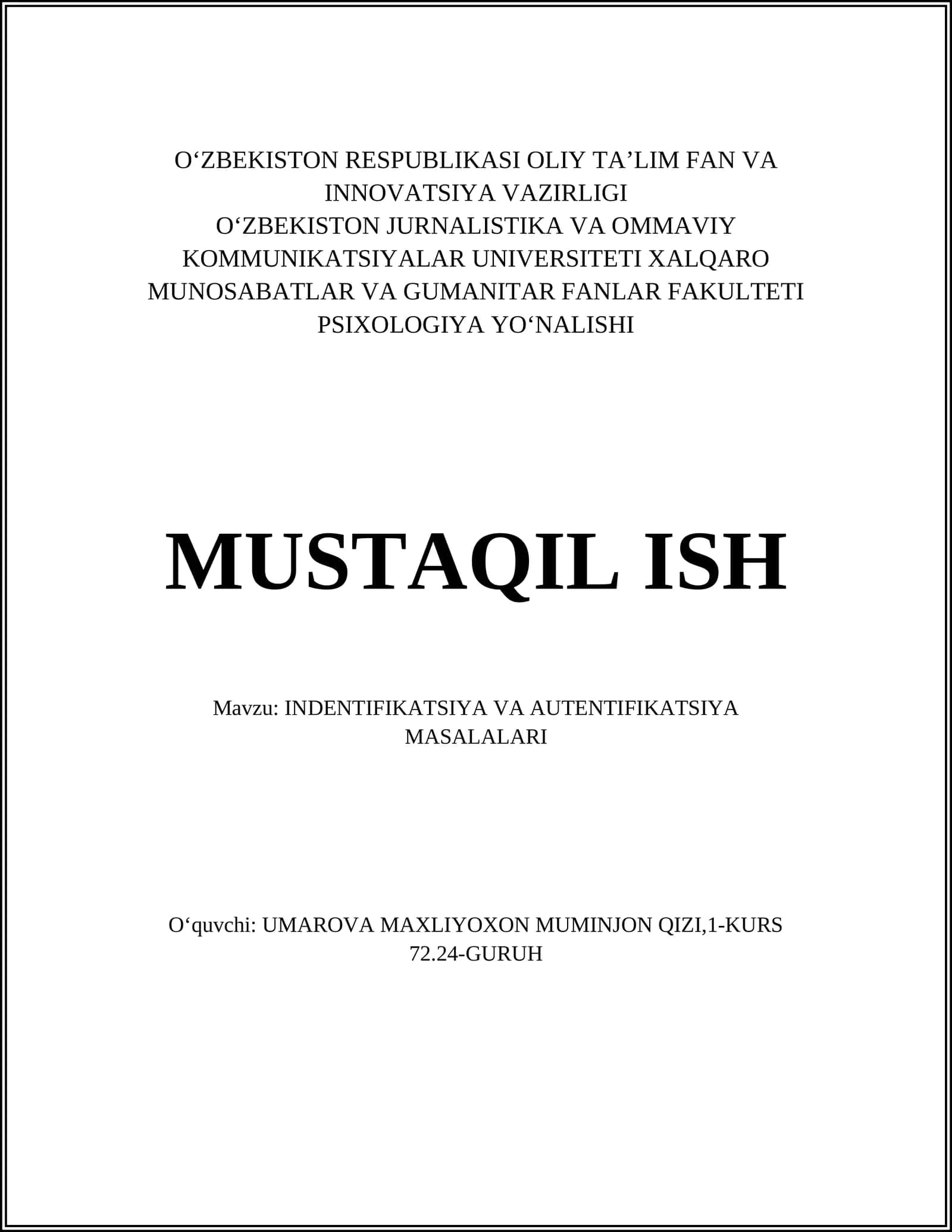 INDENTIFIKATSIYA VA AUTENTIFIKATSIYA MASALALARI