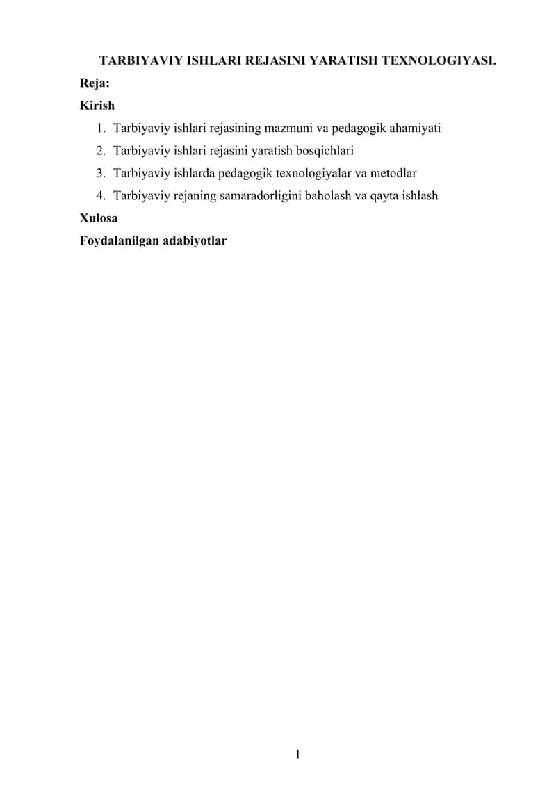 TARBIYAVIY ISHLARI REJASINI YARATISH TEXNOLOGIYASI