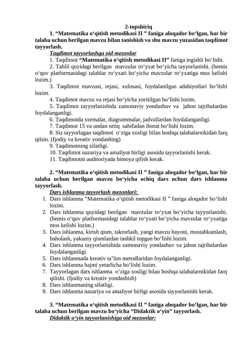 Matematika oʻqitish metodikasi II