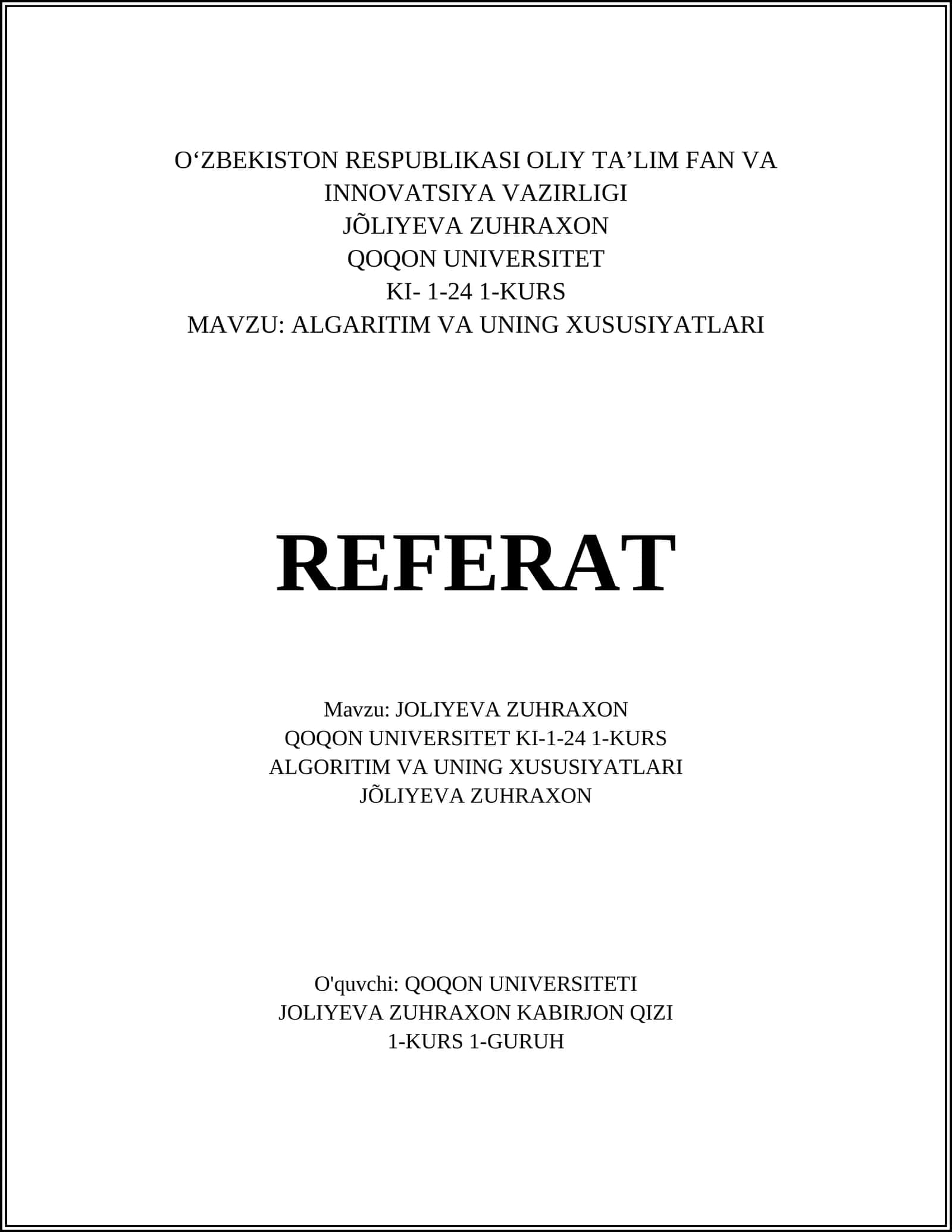 ALGARITIM VA UNING XUSUSIYATLARI
