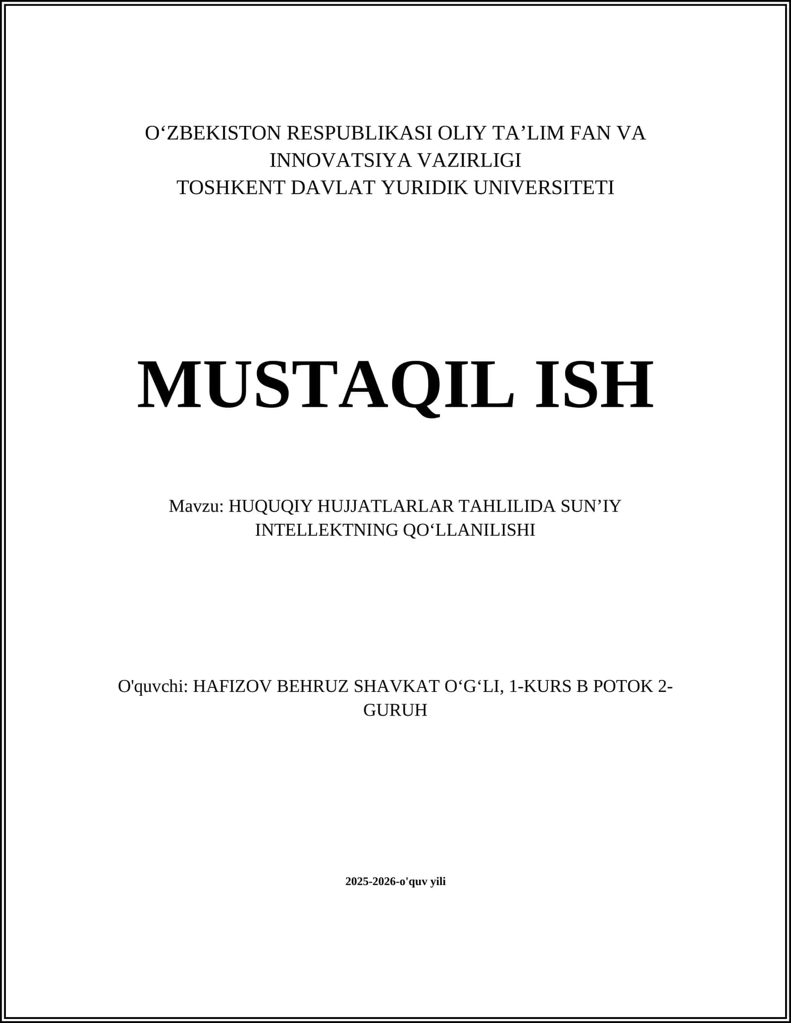 HUQUQIY HUJJATLARLAR TAHLILIDA SUNʼIY INTELLEKTNING QOʻLLANILISHI