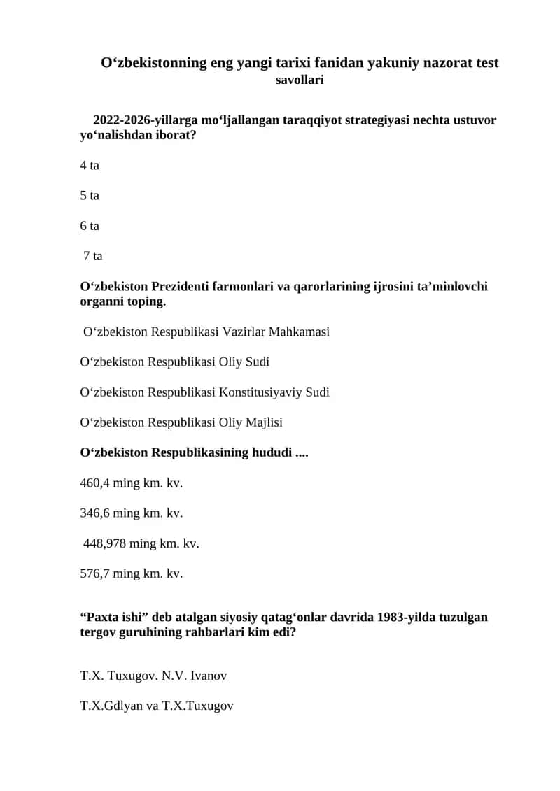 Eng yangi tarixi fanidan yakuniy nazorat test savollari
