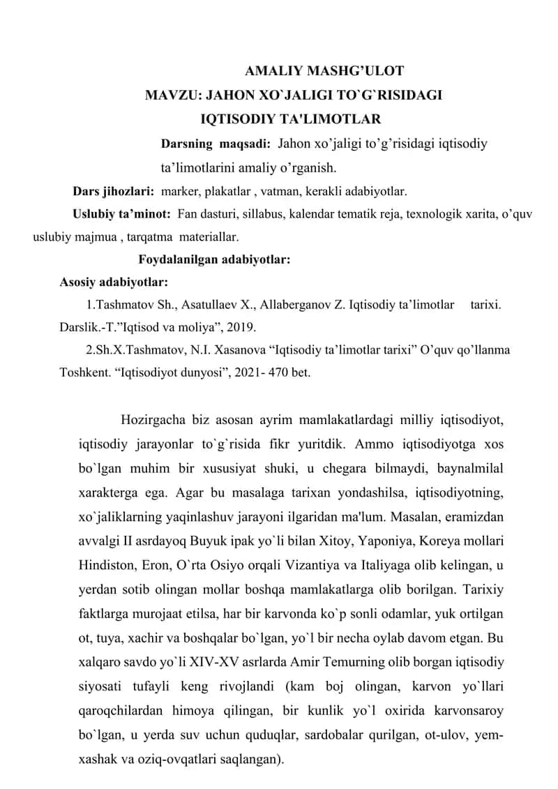 JAHON XO`JALIGI TO`G`RISIDAGI IQTISODIY TA'LIMOTLAR