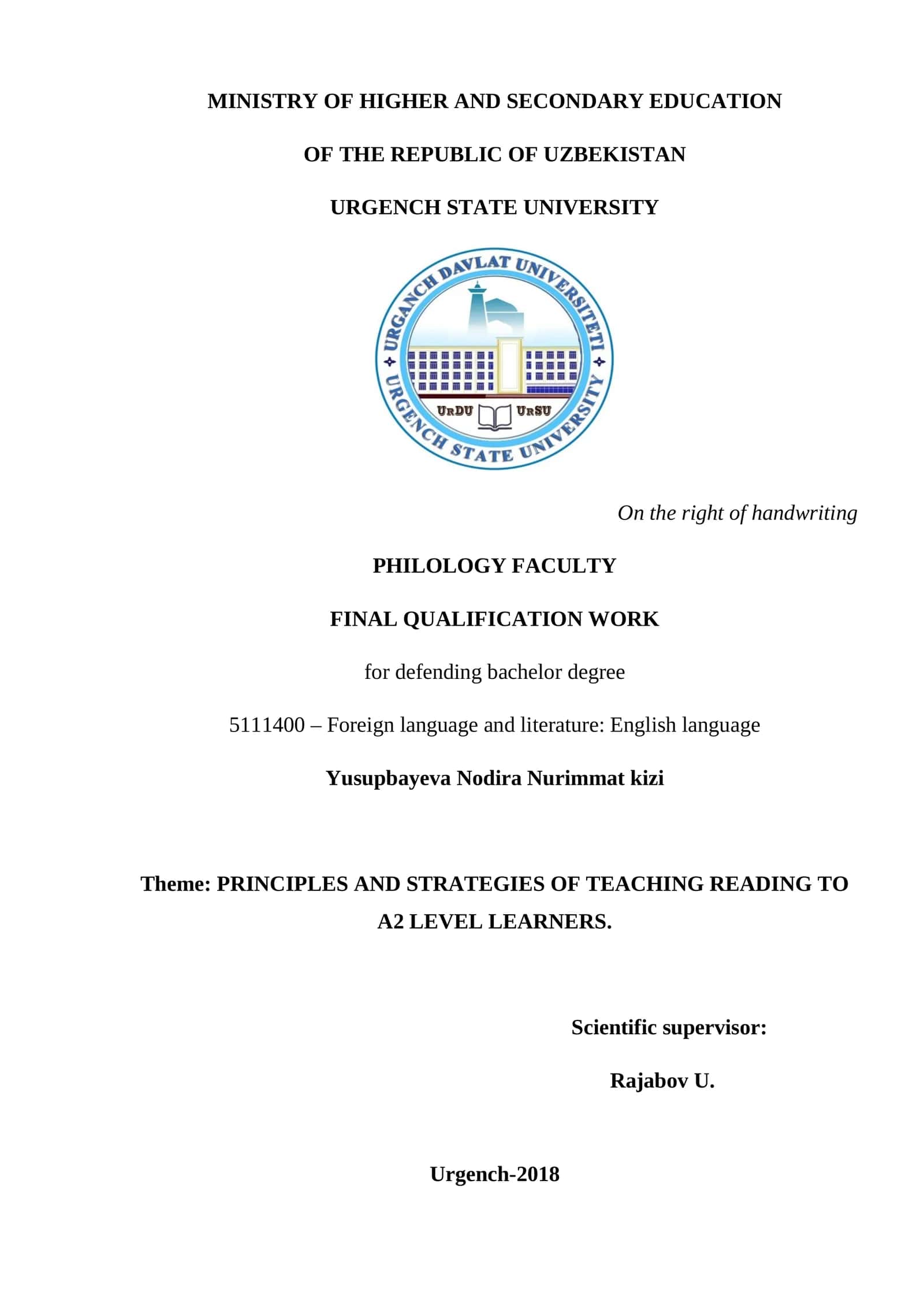 PRINCIPLES AND STRATEGIES OF TEACHING READING TO A2 LEVEL LEARNERS