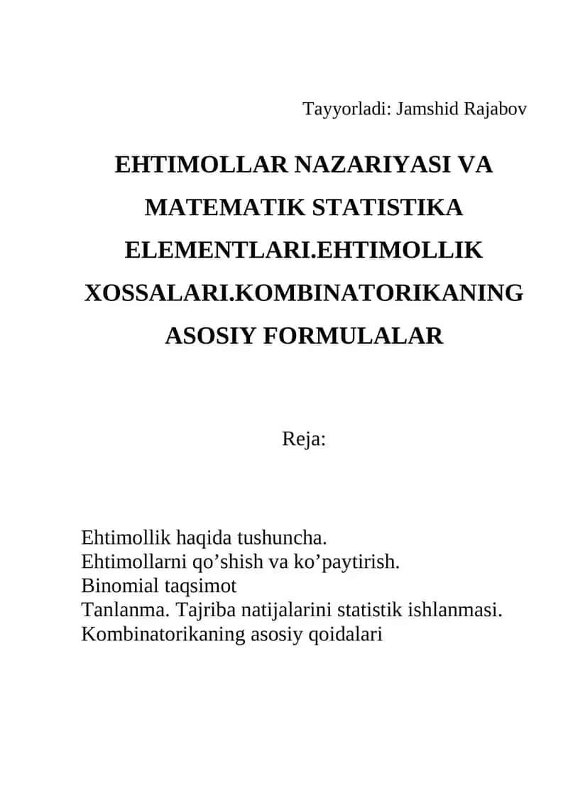 Ehtimollar nazariyasi va matematik statistika elementlari