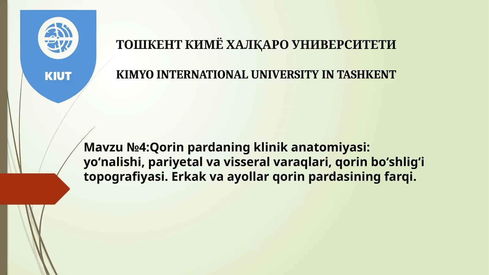 Qorin pardaning klinik anatomiyasi: yoʻnalishi, pariyetal va visseral varaqlari, qorin boʻshligʻi topografiyasi. Erkak va ayollar qorin pardasining farqi