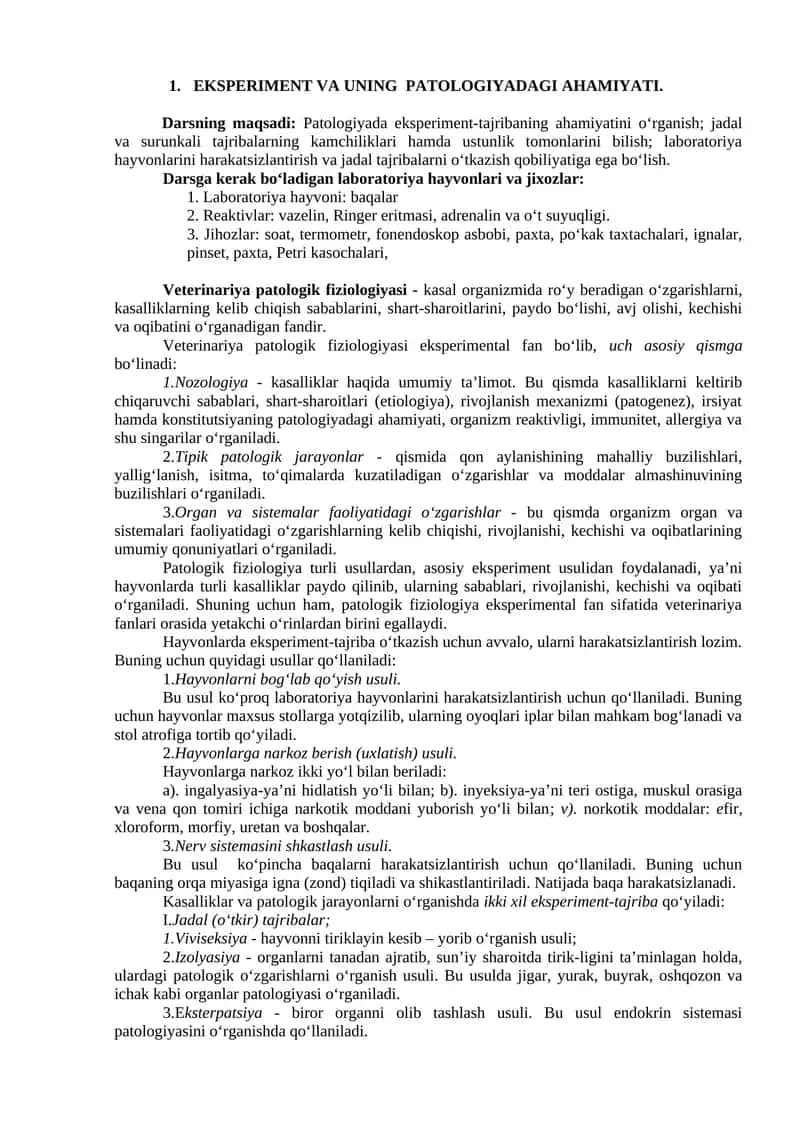 EKSPERIMENT VA UNING PATOLOGIYADAGI AHAMIYATI
