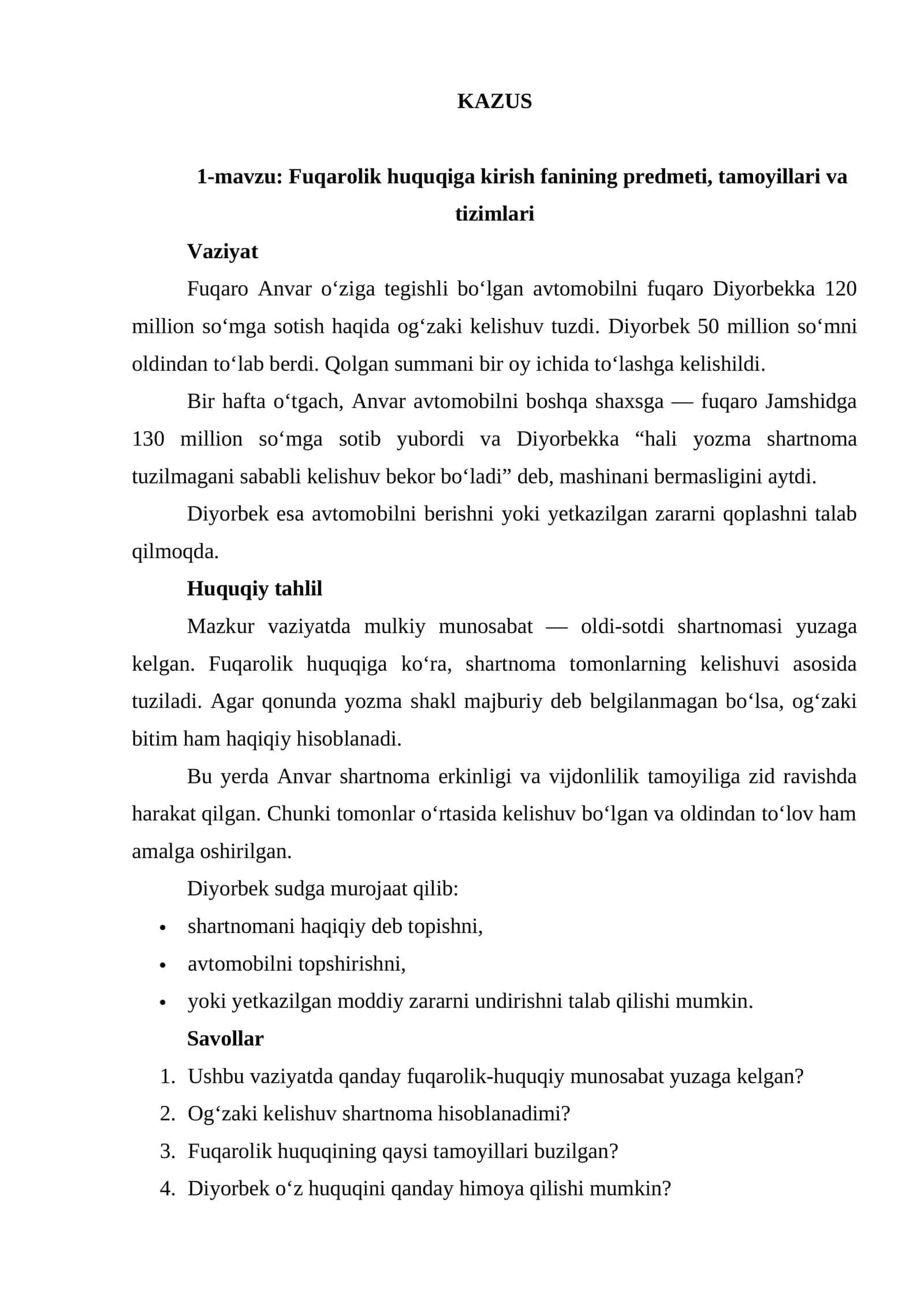 Fuqorolik huquqi fanidan kazus topshiriqlari