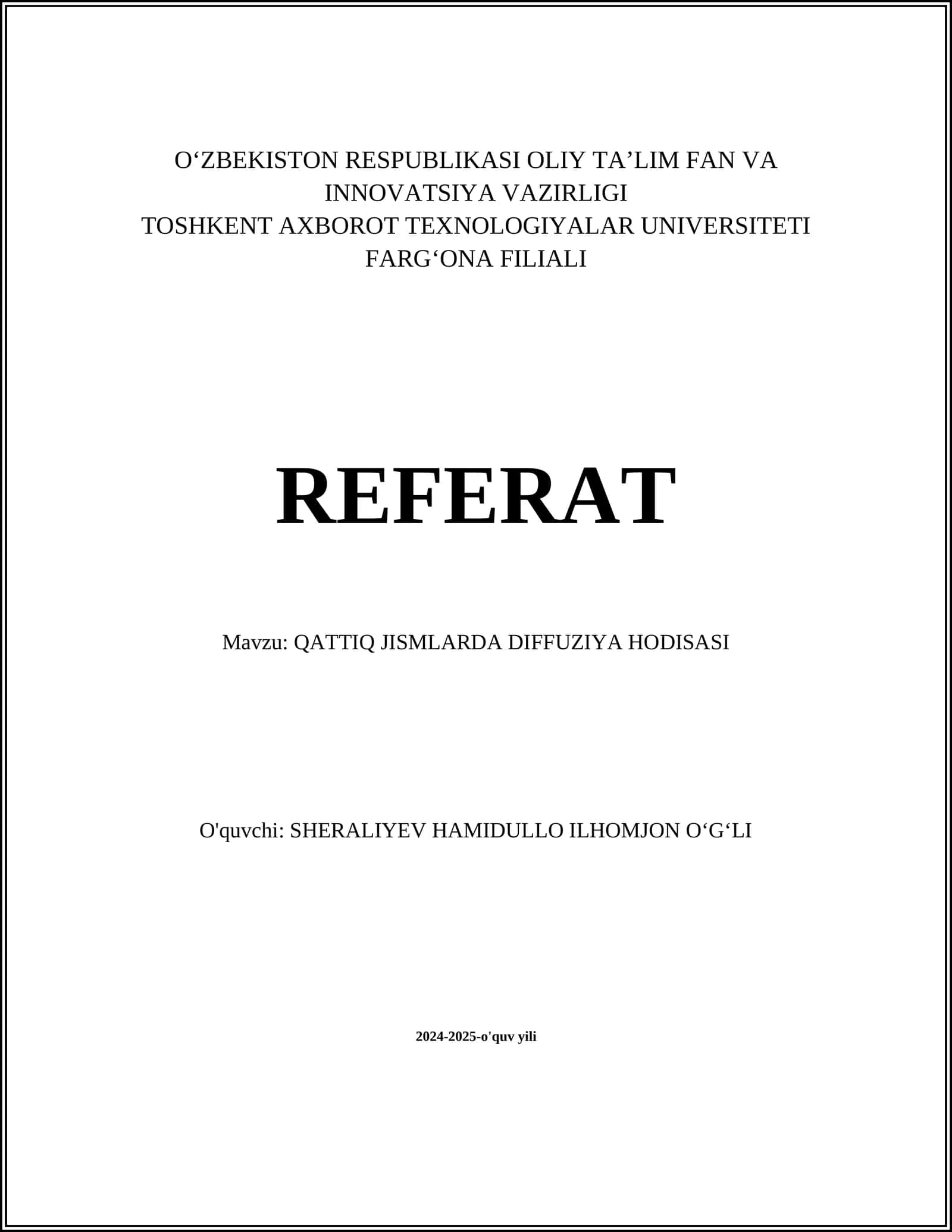 QATTIQ JISMLARDA DIFFUZIYA HODISASI