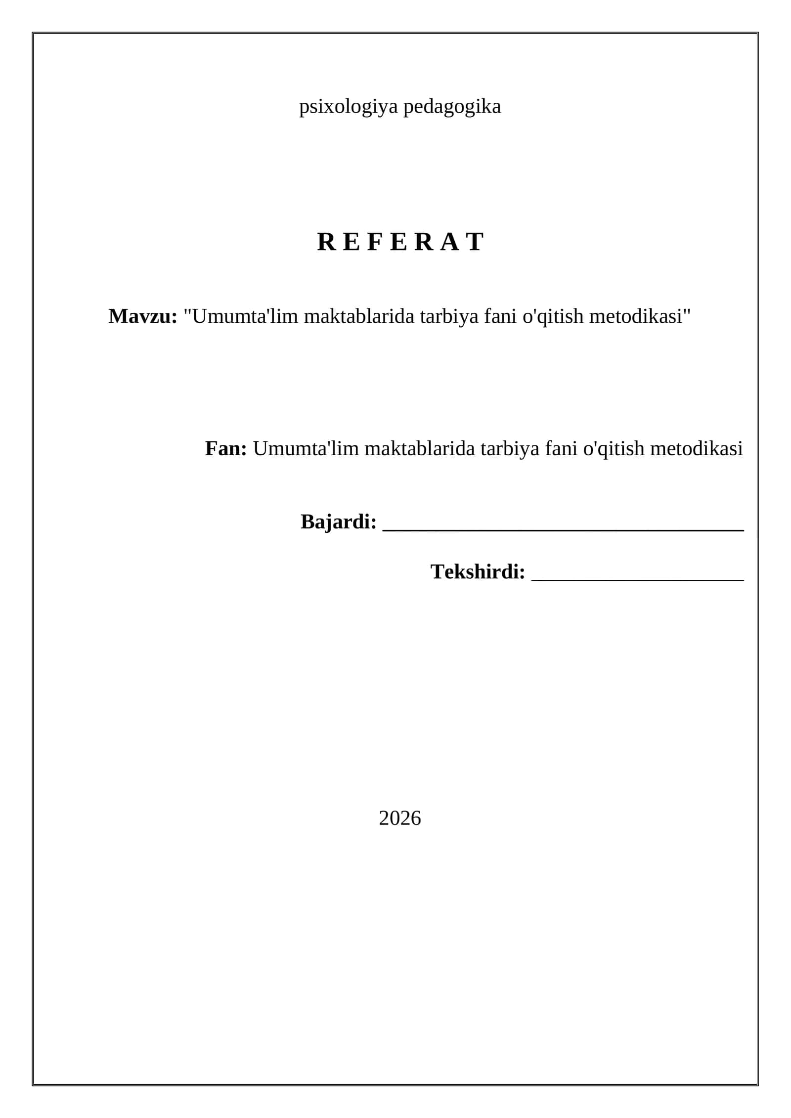 Umumta'lim maktablarida tarbiya fani o'qitish metodikasi