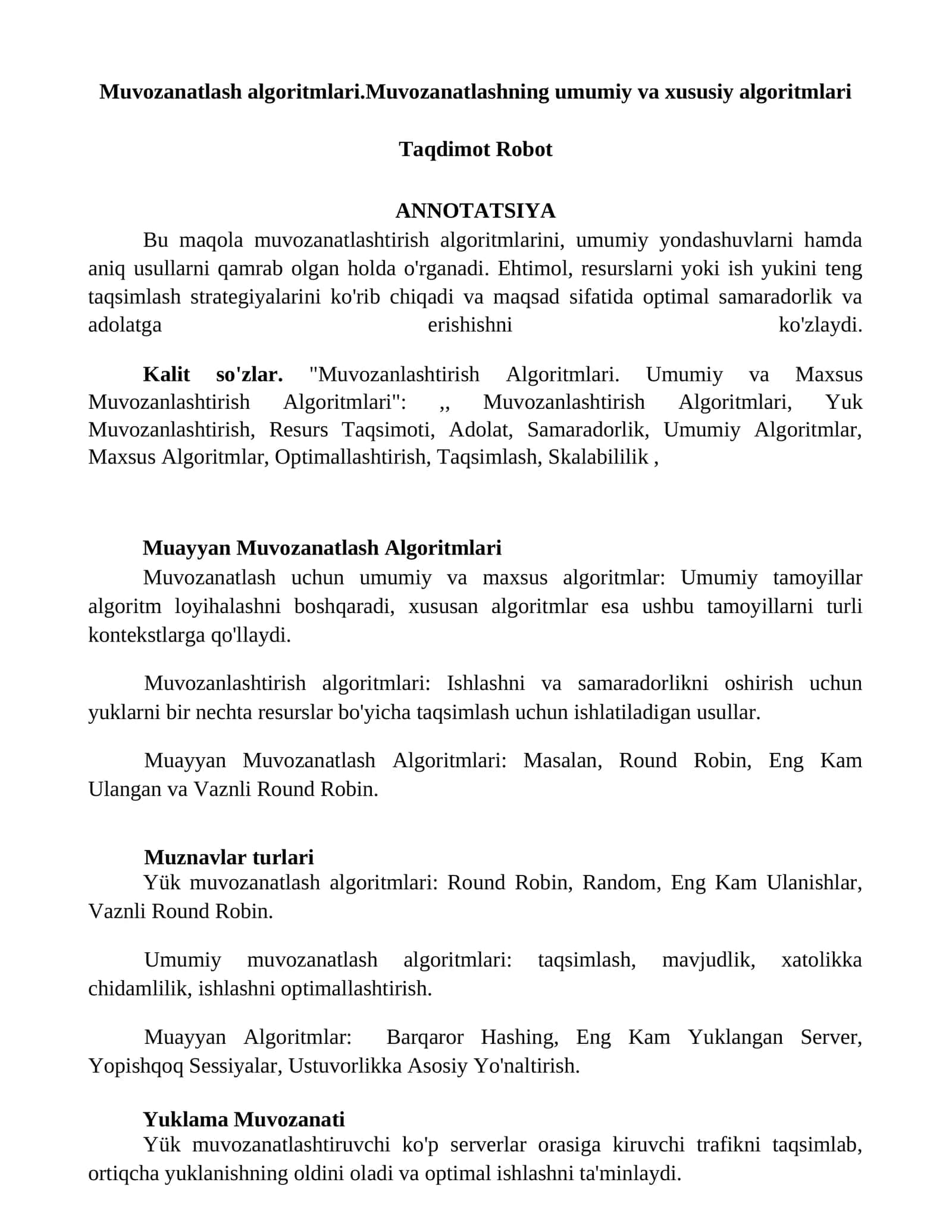 Muvozanatlash algoritmlari
