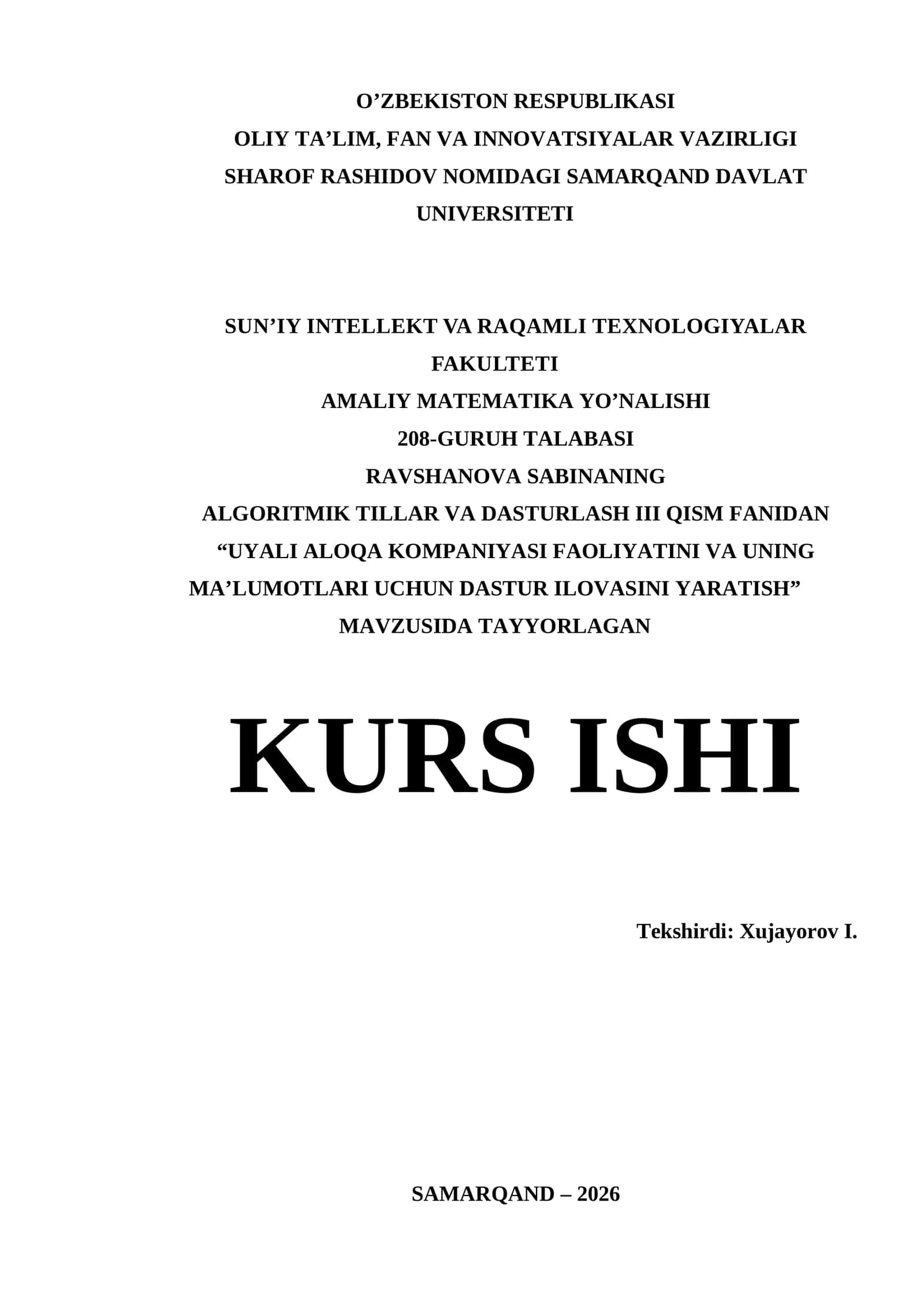 Visual Studio muhitida dasturlash | Kurs Ishi - UYALI ALOQA KOMPANIYASI FAOLIYATINI VA UNING MA’LUMOTLARI UCHUN DASTUR ILOVASINI YARATISH