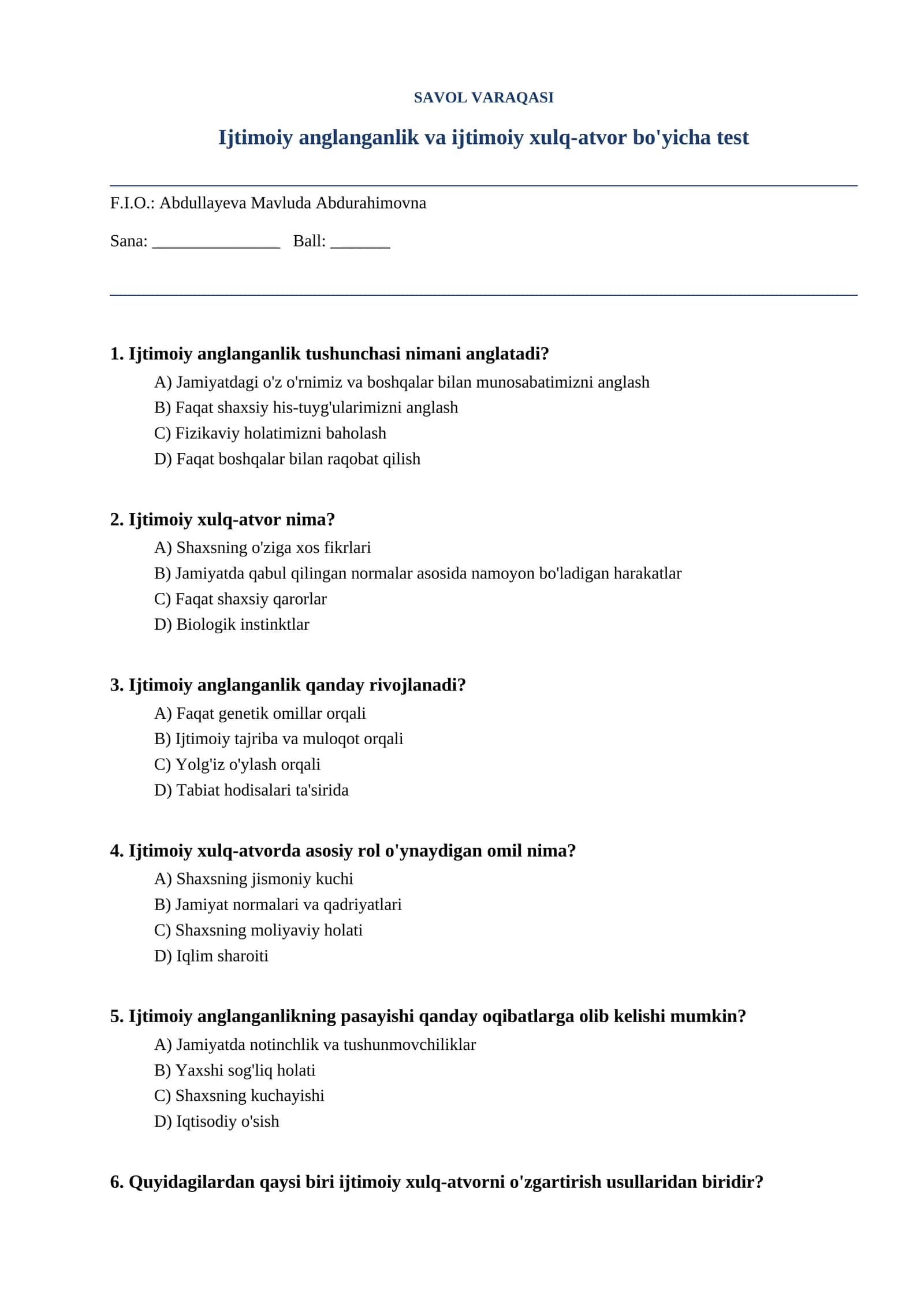 Ijtimoiy anglanganlik va ijtimoiy xulq-atvor bo'yicha test