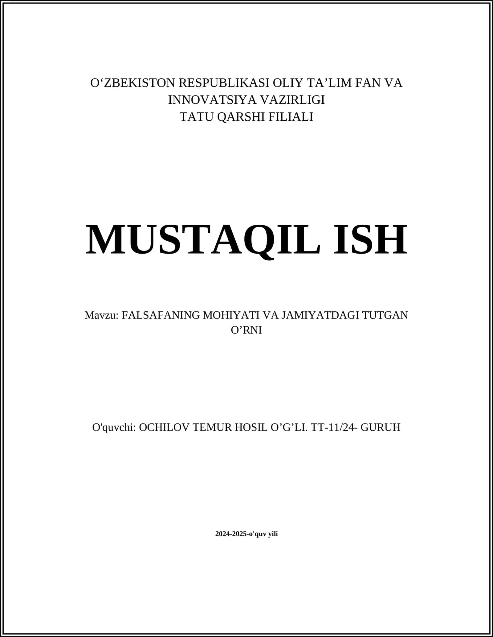 FALSAFANING MOHIYATI VA JAMIYATDAGI TUTGAN O’RNI