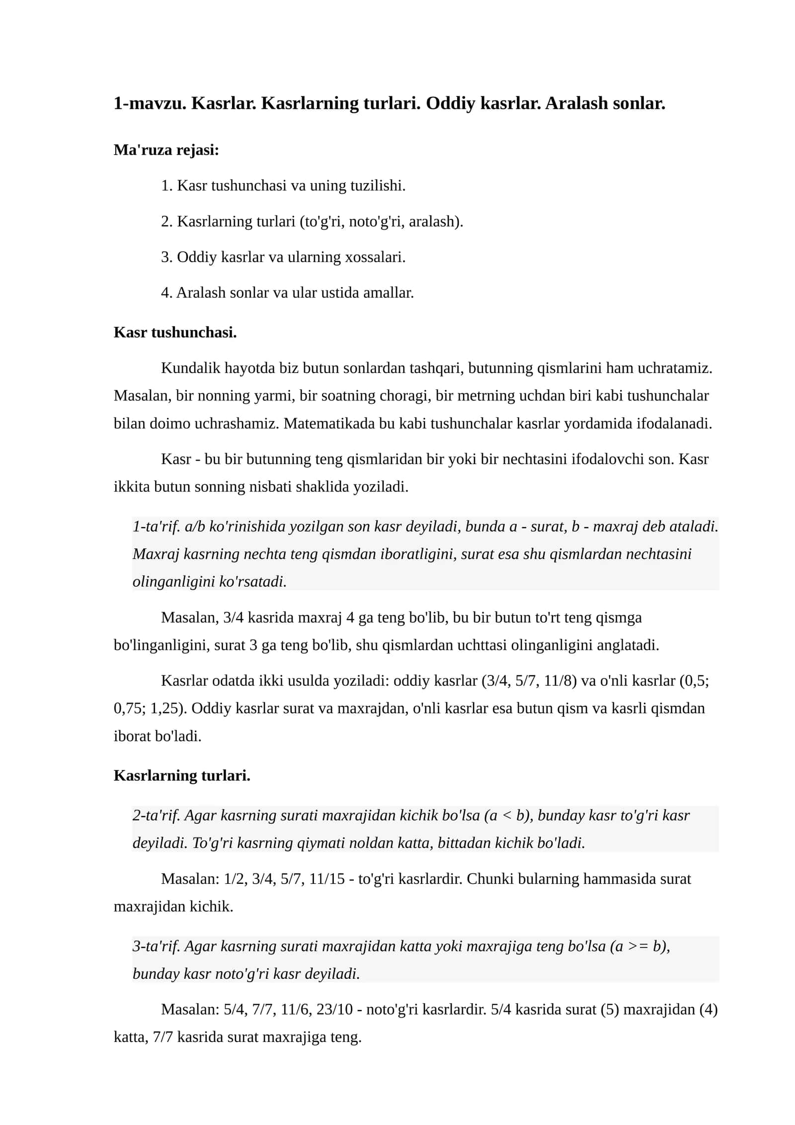 1-mavzu. Kasrlar. Kasrlarning turlari. Oddiy kasrlar. Aralash sonlar