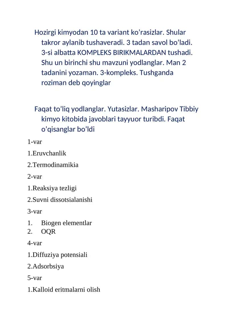 Kimyo fanini o'qituvchilari uchun test savollar to'plami