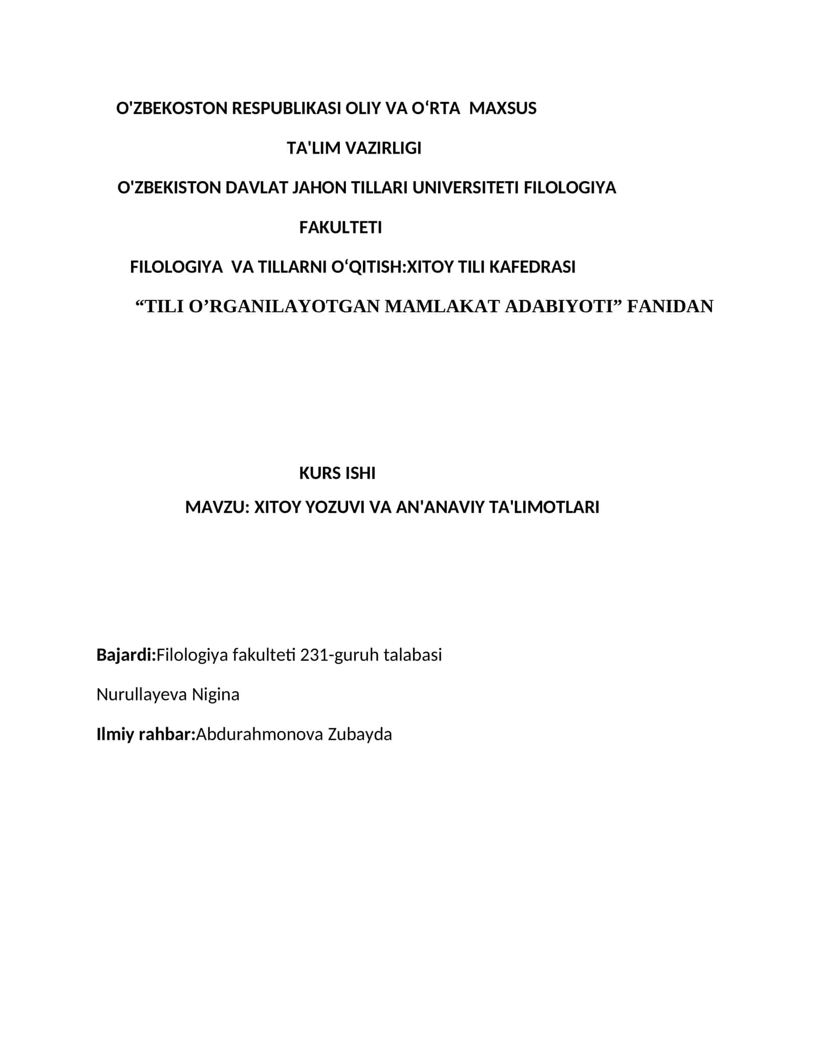 TILI O’RGANILAYOTGAN MAMLAKAT ADABIYOTI KURS ISHI