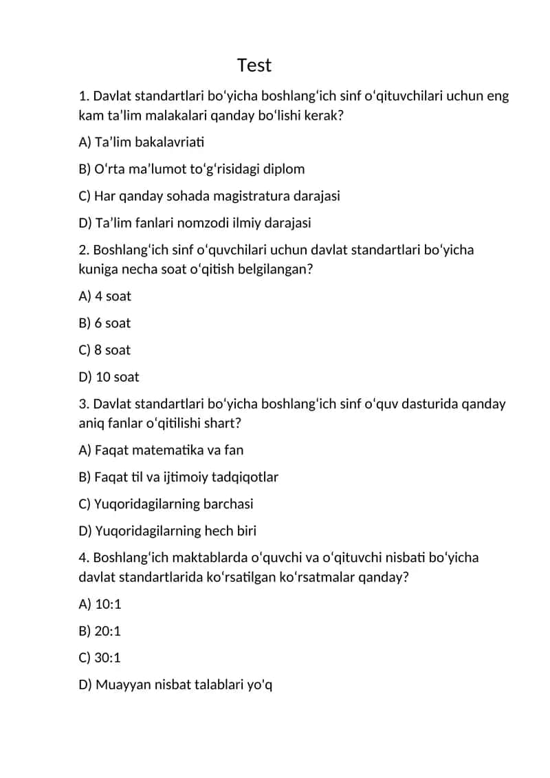 Davlat standartlari bo‘yicha boshlang‘ich sinf o‘qituvchilari uchun eng kam ta’lim malakalari
