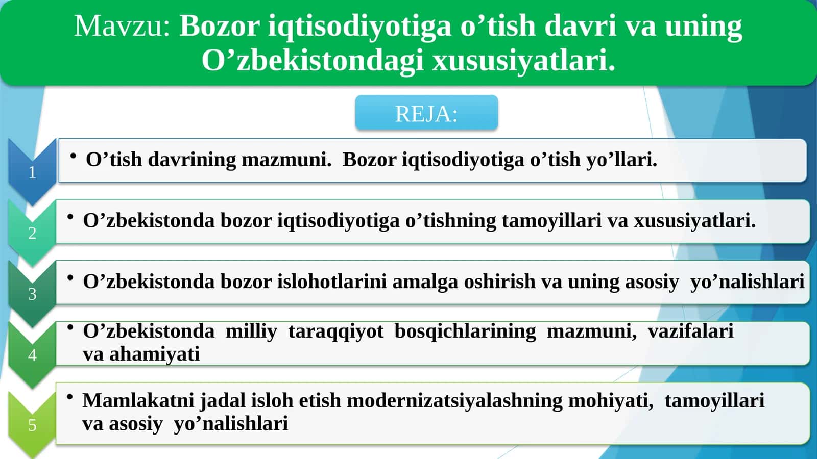 Bozor iqtisodiyotiga o’tish davri va uning O’zbekistondagi xususiyatlari