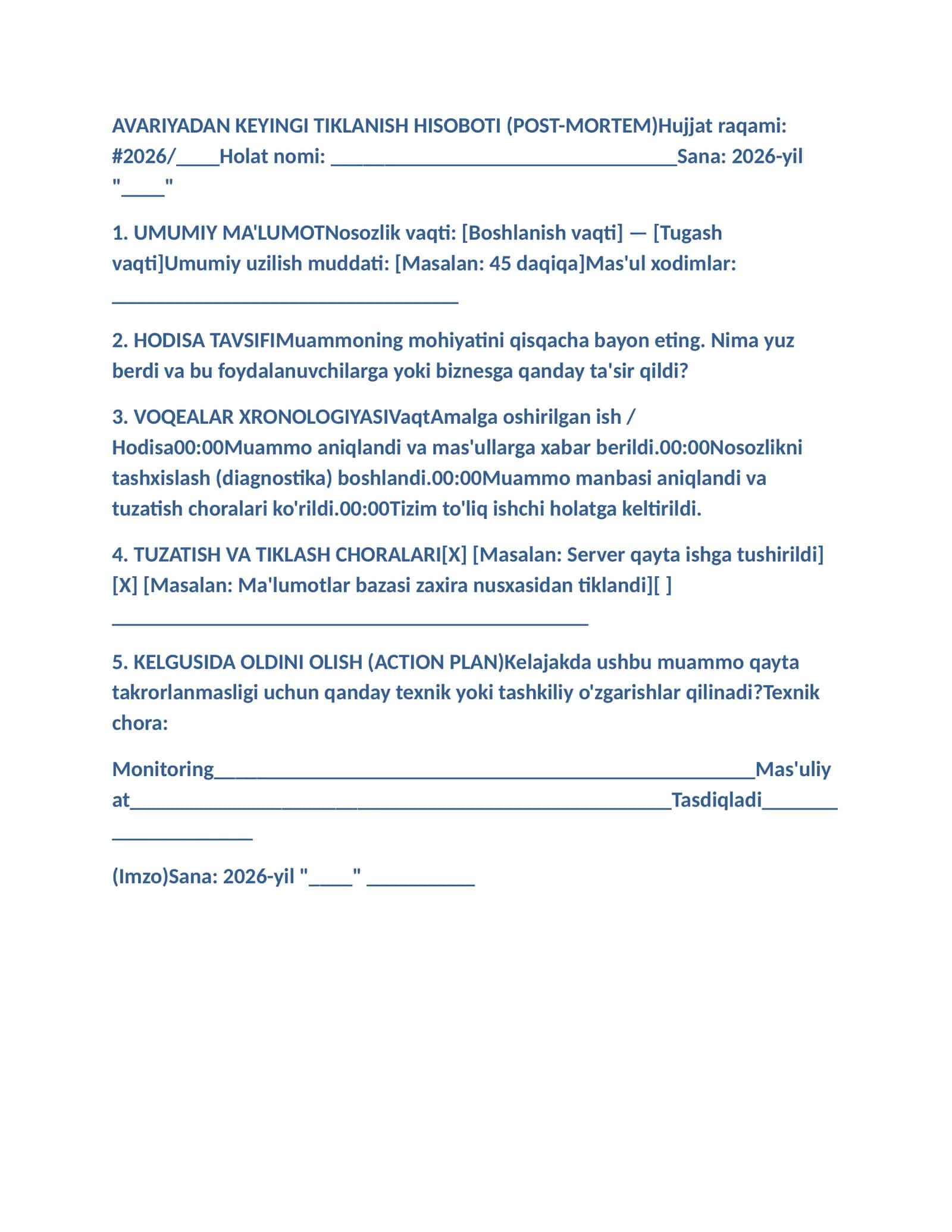 AVARIYADAN KEYINGI TIKLANISH HISOBOTI (POST-MORTEM)