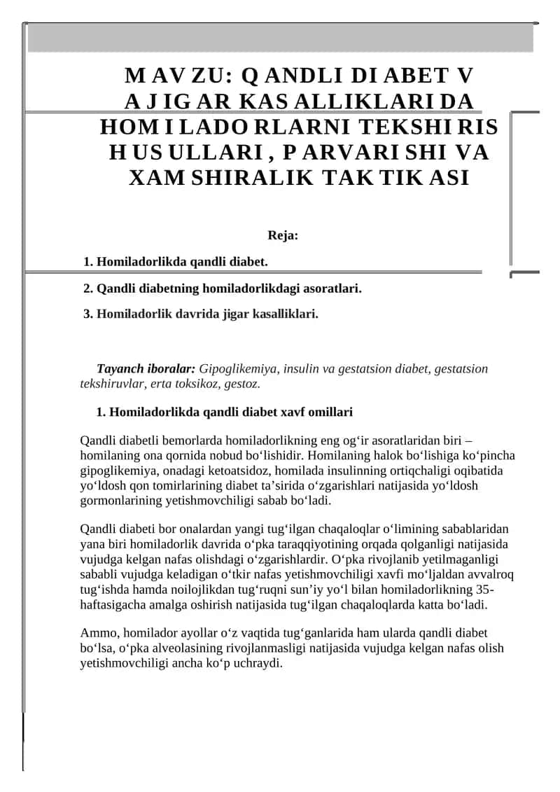 Homiladorlikda qandli diabet va jigar kasalliklari
