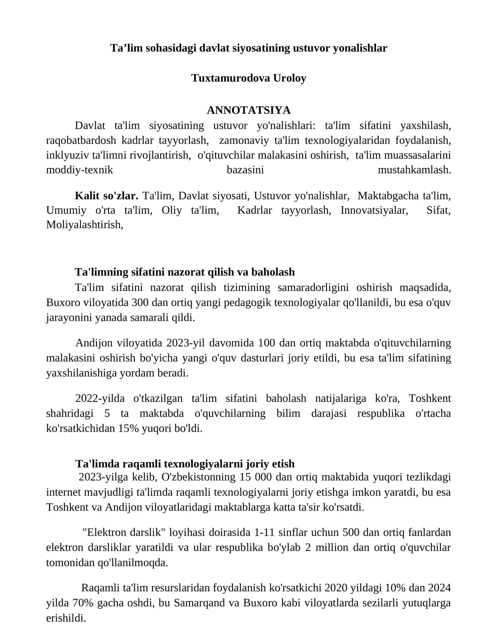 Ta'lim sohasidagi davlat siyosatining ustuvor yonalishlar
