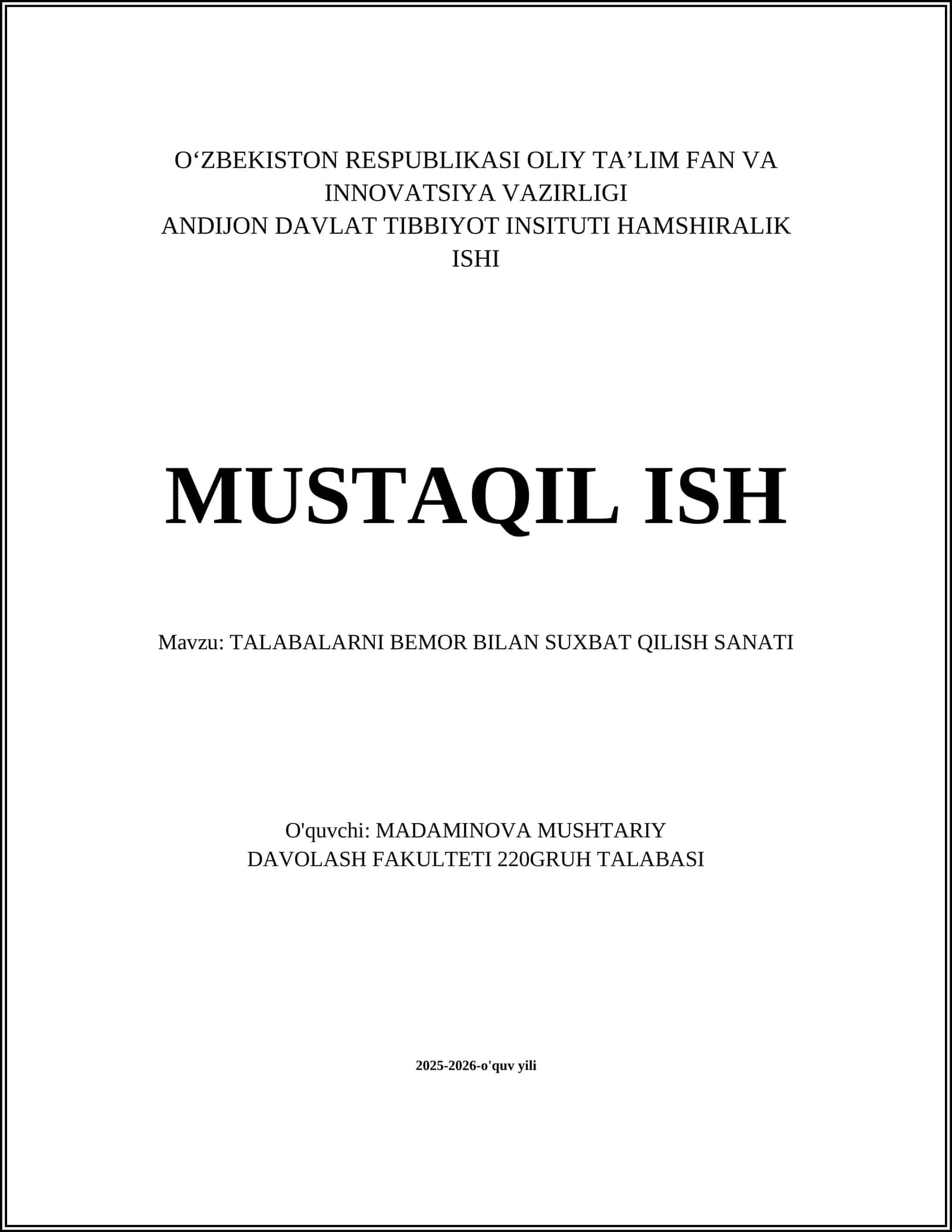 TALABALARNI BEMOR BILAN SUXBAT QILISH SANATI