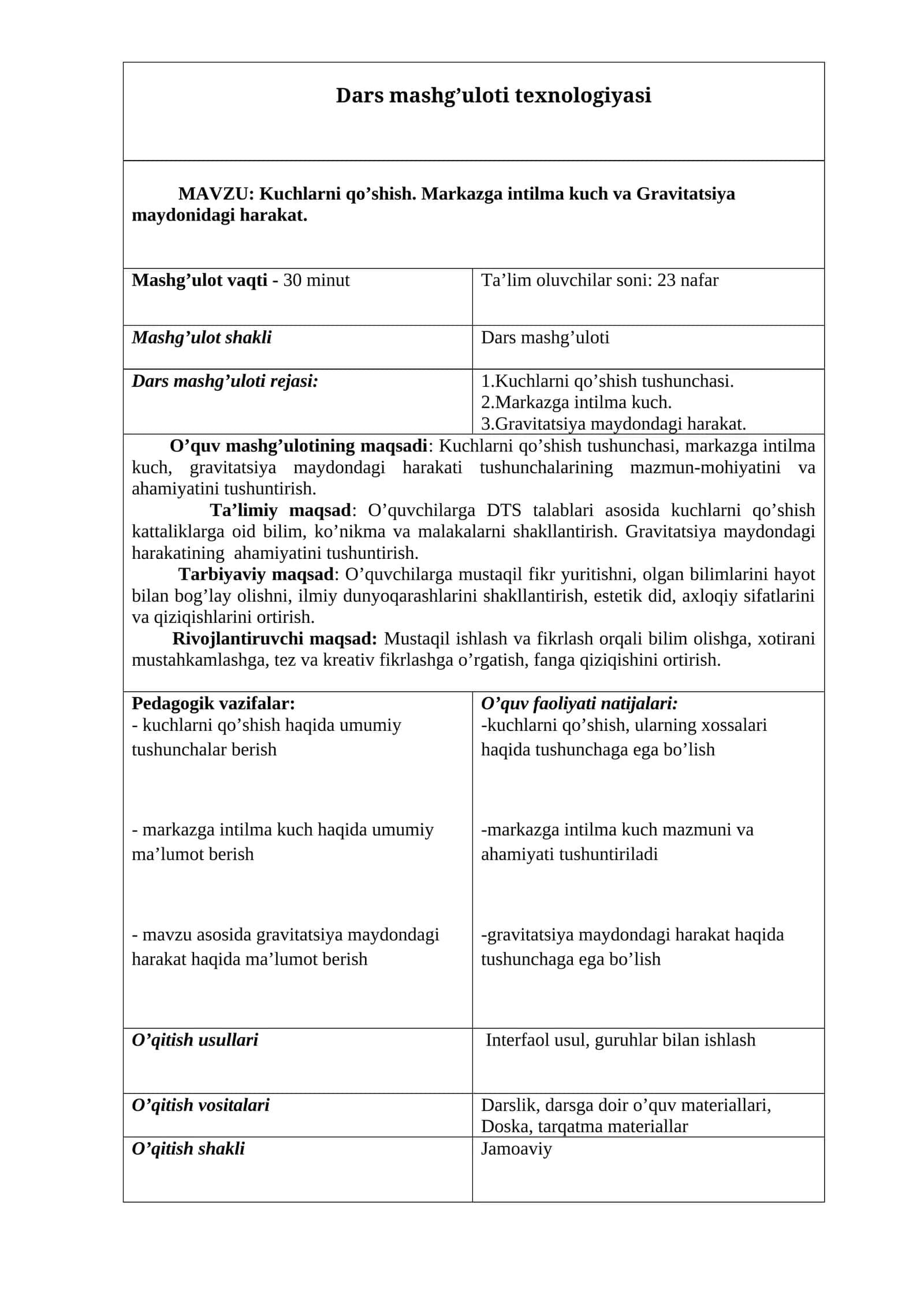 Kuchlarni qo’shish. Markazga intilma kuch va Gravitatsiya maydonidagi harakat mavzusida tayyor dars ishlanma.