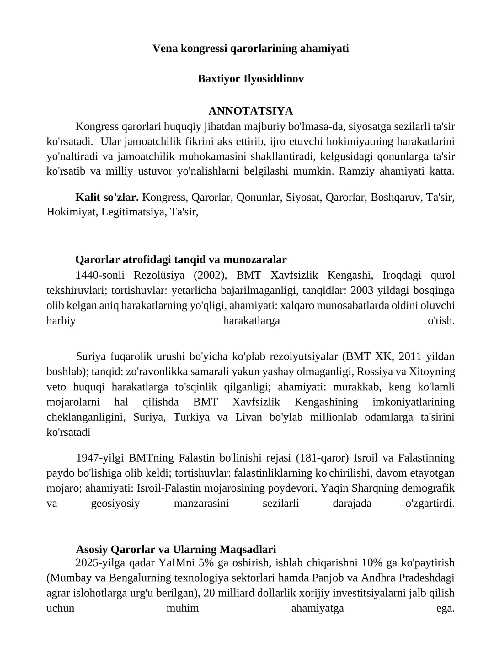 Vena kongressi qarorlarining ahamiyati