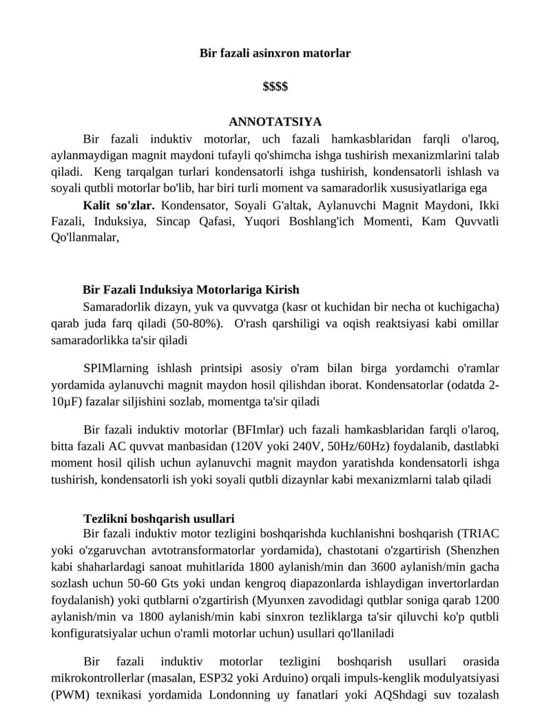 Bir fazali asinxron matorlar