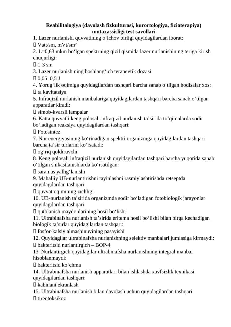 Reabilitalogiya (davolash fizkulturasi, kurortologiya, fizioterapiya) mutaxassisligi test savollari