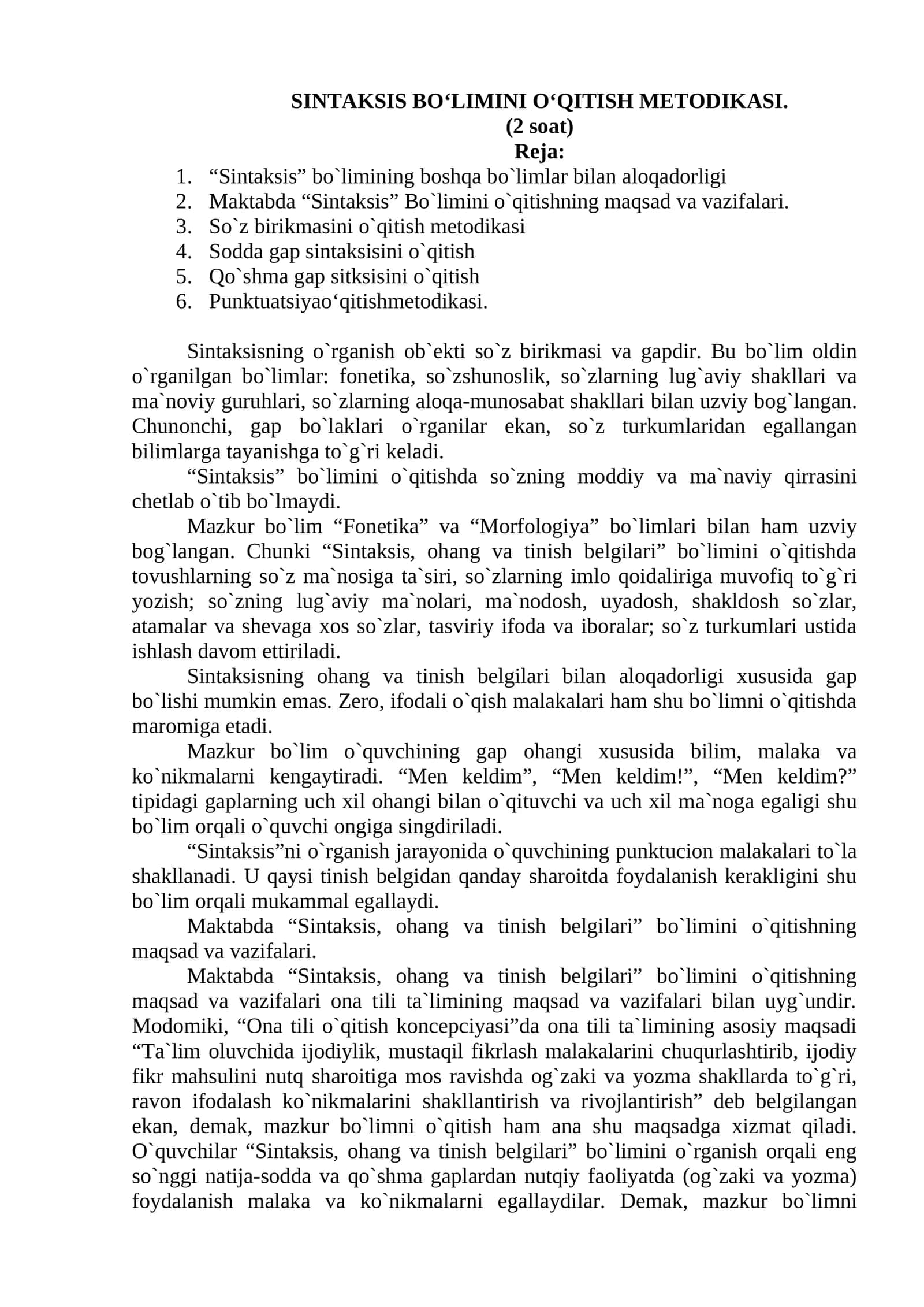 SINTAKSIS BO‘LIMINI O‘QITISH METODIKASI