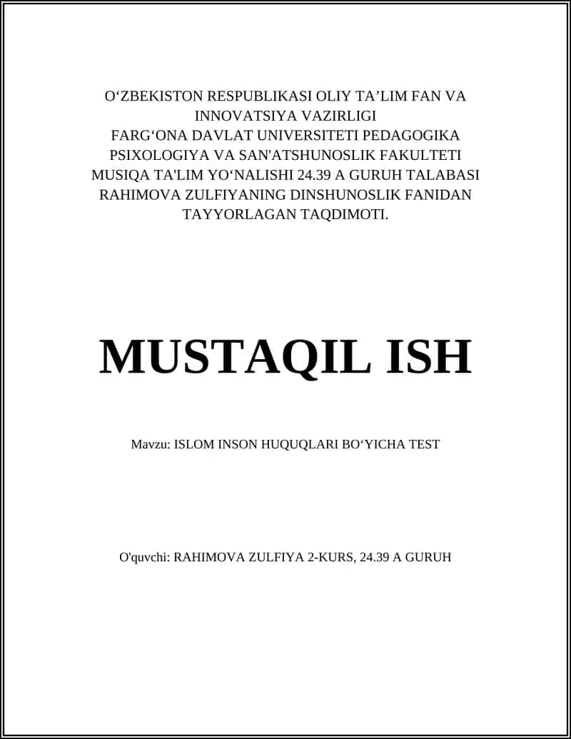 ISLOM INSON HUQUQLARI BOʻYICHA TEST