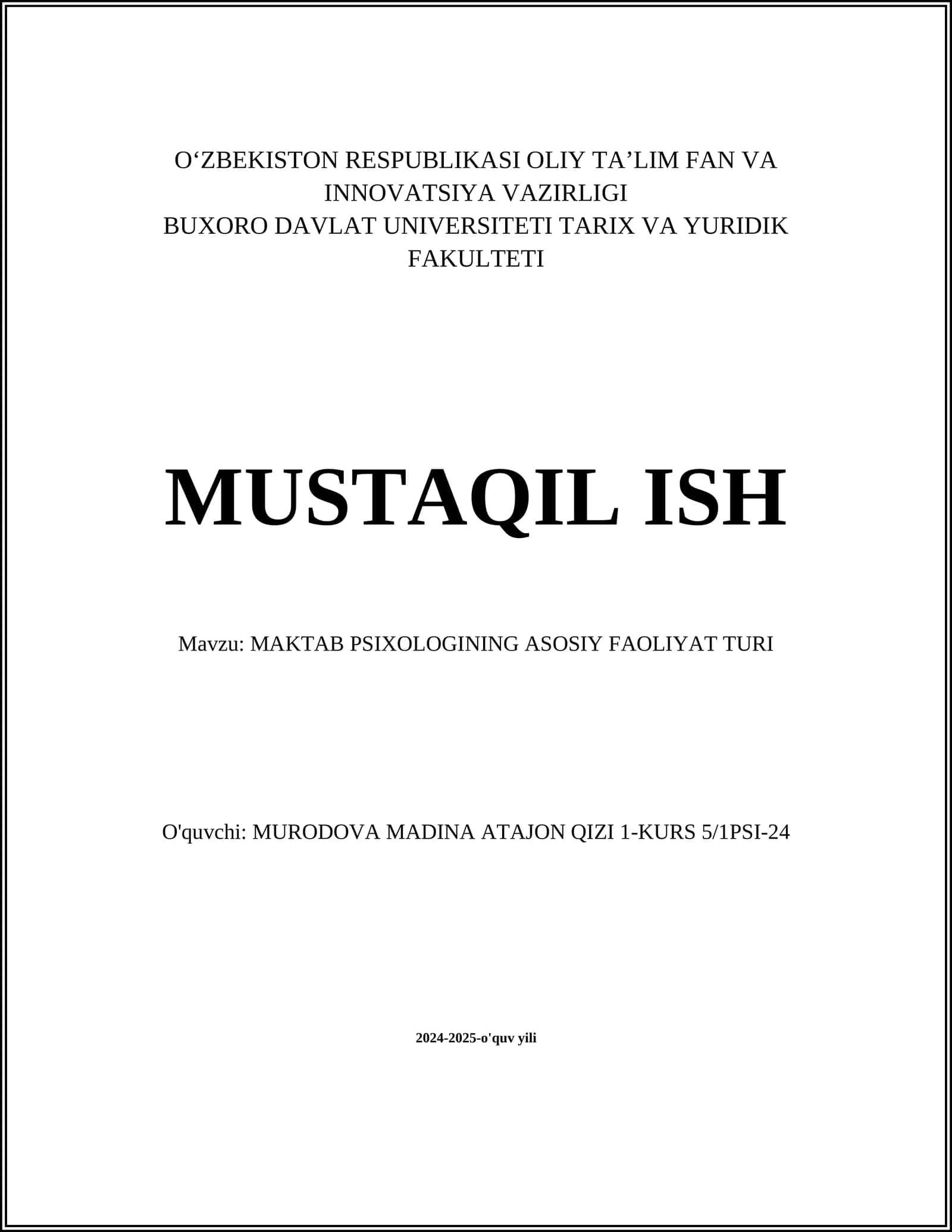 MAKTAB PSIXOLOGINING ASOSIY FAOLIYAT TURI