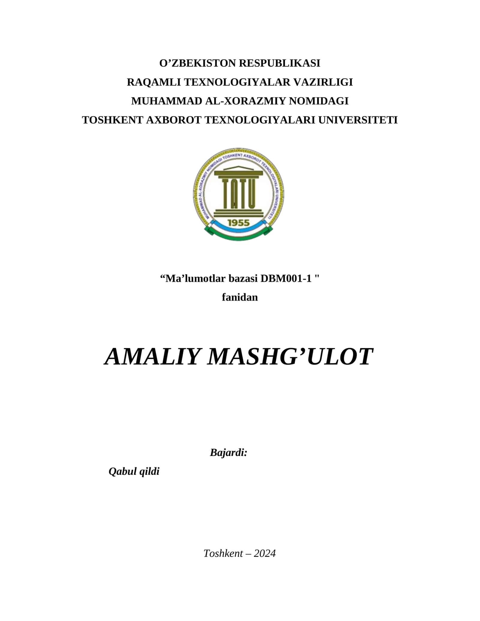 SQL tilida jadvallar yaratish, o‘zgartirish va o‘chirish. Amaliy ish