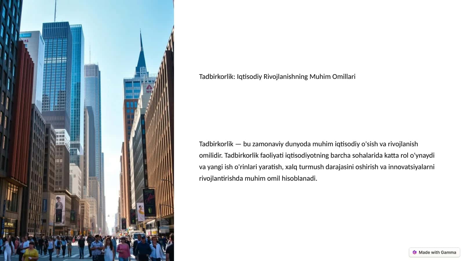Tadbirkorlik: Iqtisodiy Rivojlanishning Muhim Omillari