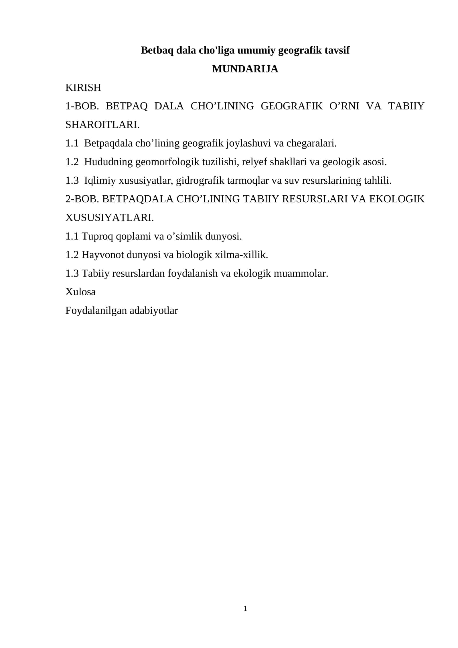 Betbaq dala cho'liga umumiy geografik tavsif