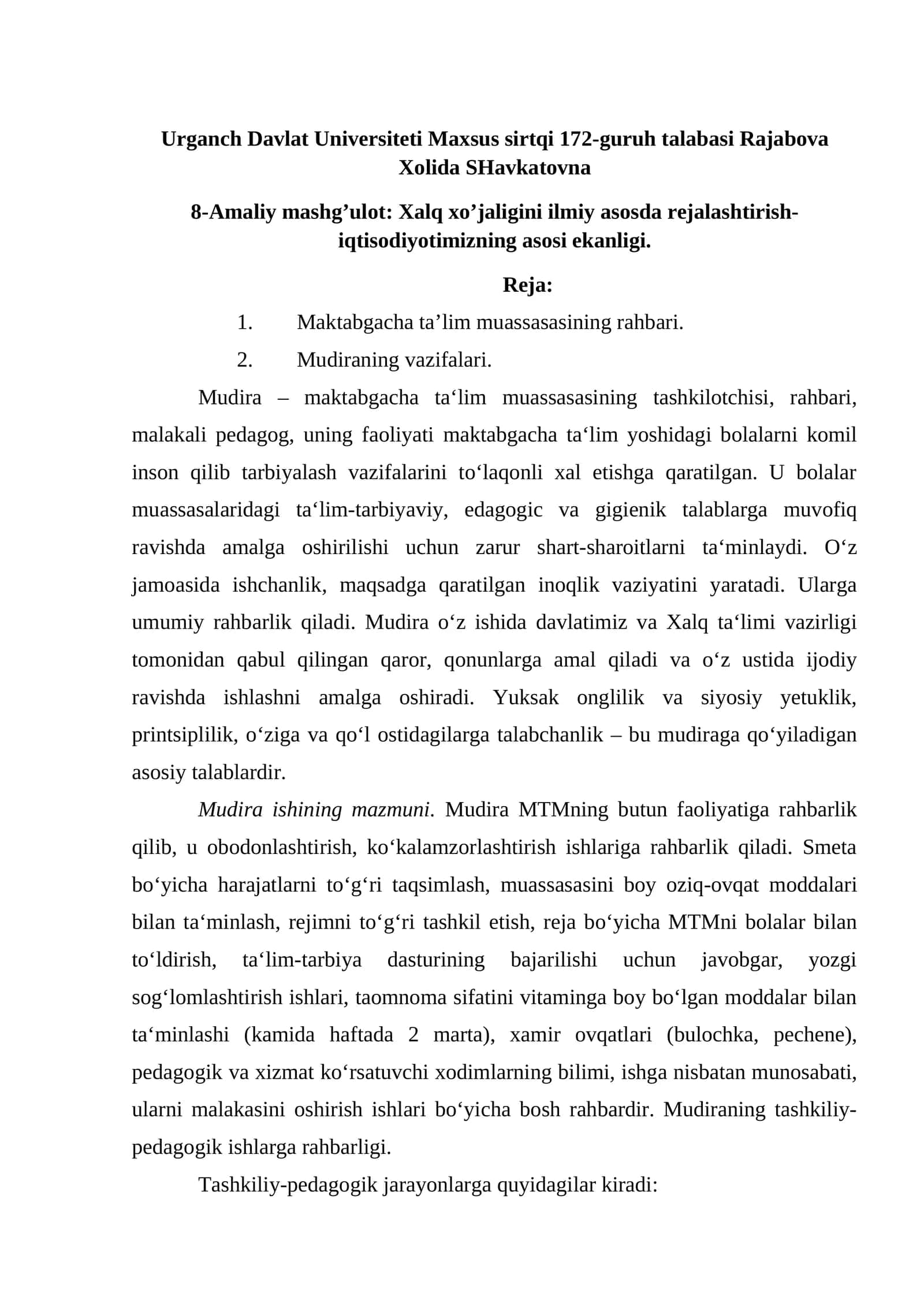 Amaliy mashg’ulot: Xalq xo’jaligini ilmiy asosda rejalashtirish