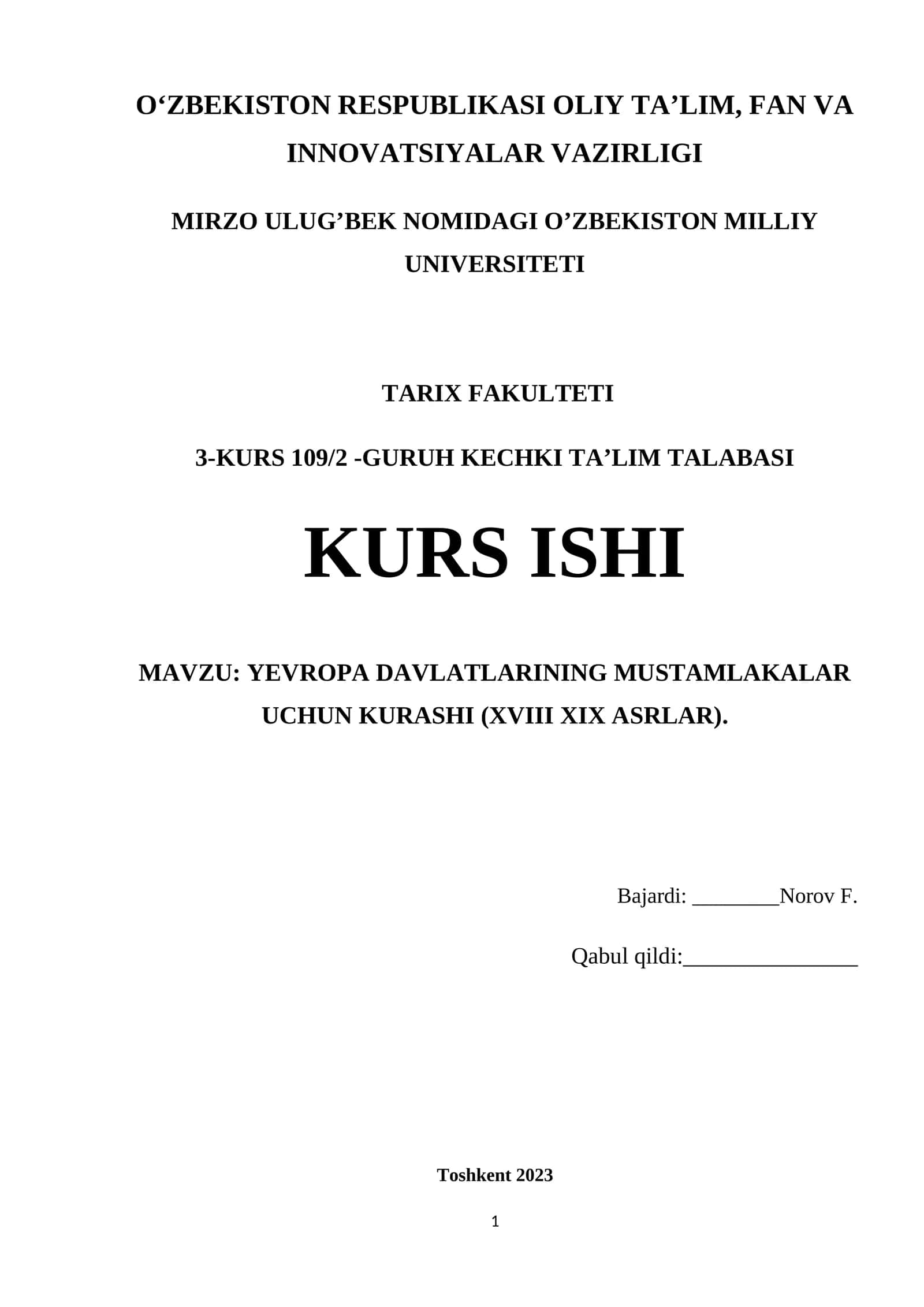 YEVROPA DAVLATLARINING MUSTAMLAKALAR UCHUN KURASHI (XVIII XIX ASRLAR)