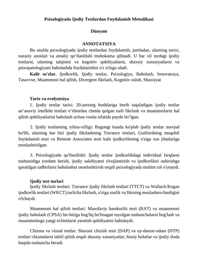 Psixologiyada Ijodiy Testlardan Foydalanish Metodikasi