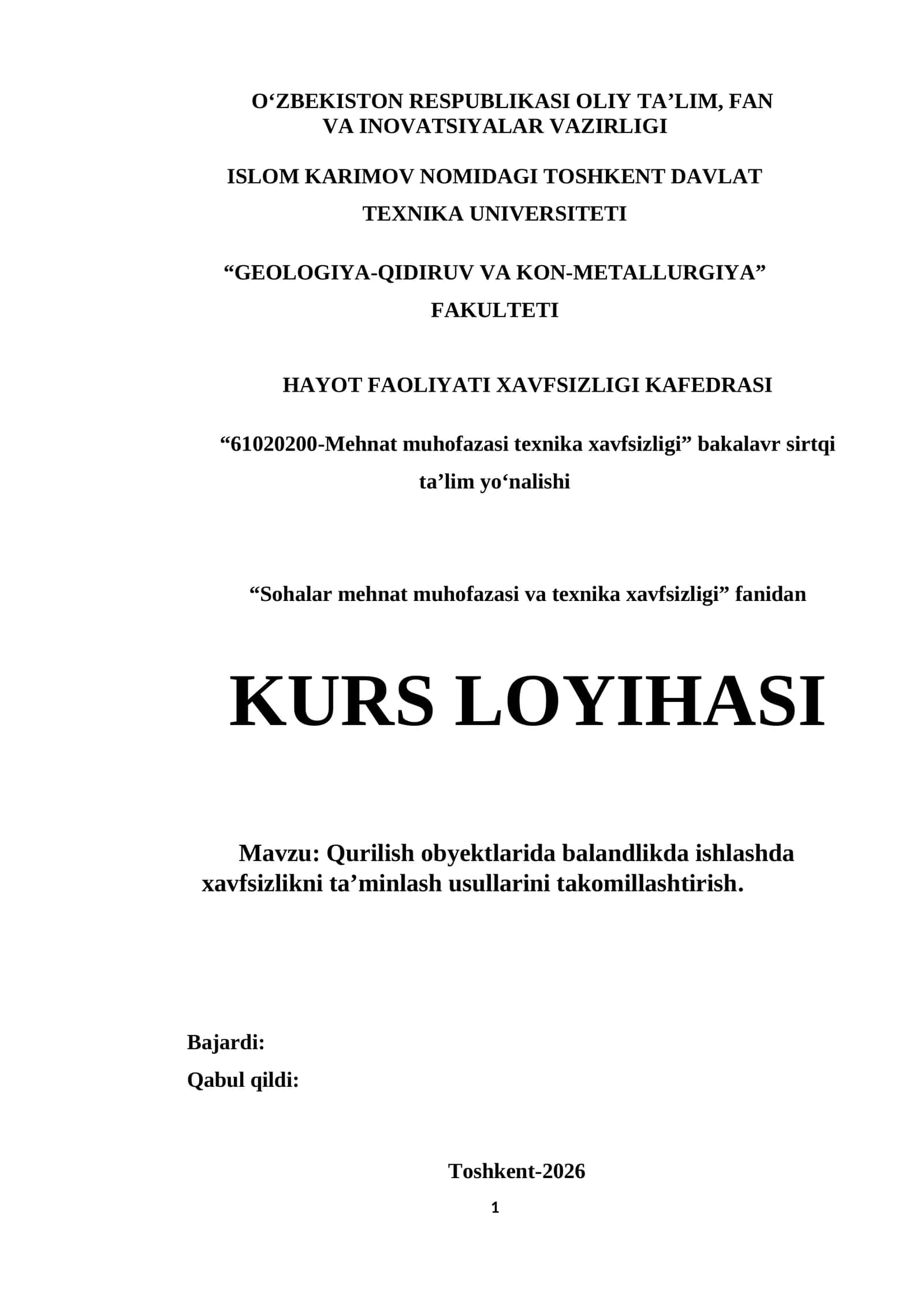 Kurs ishi_Qurilish obyektlarida balandlikda ishlashda xavfsizlikni ta’minlash usullarini takomillashtirish