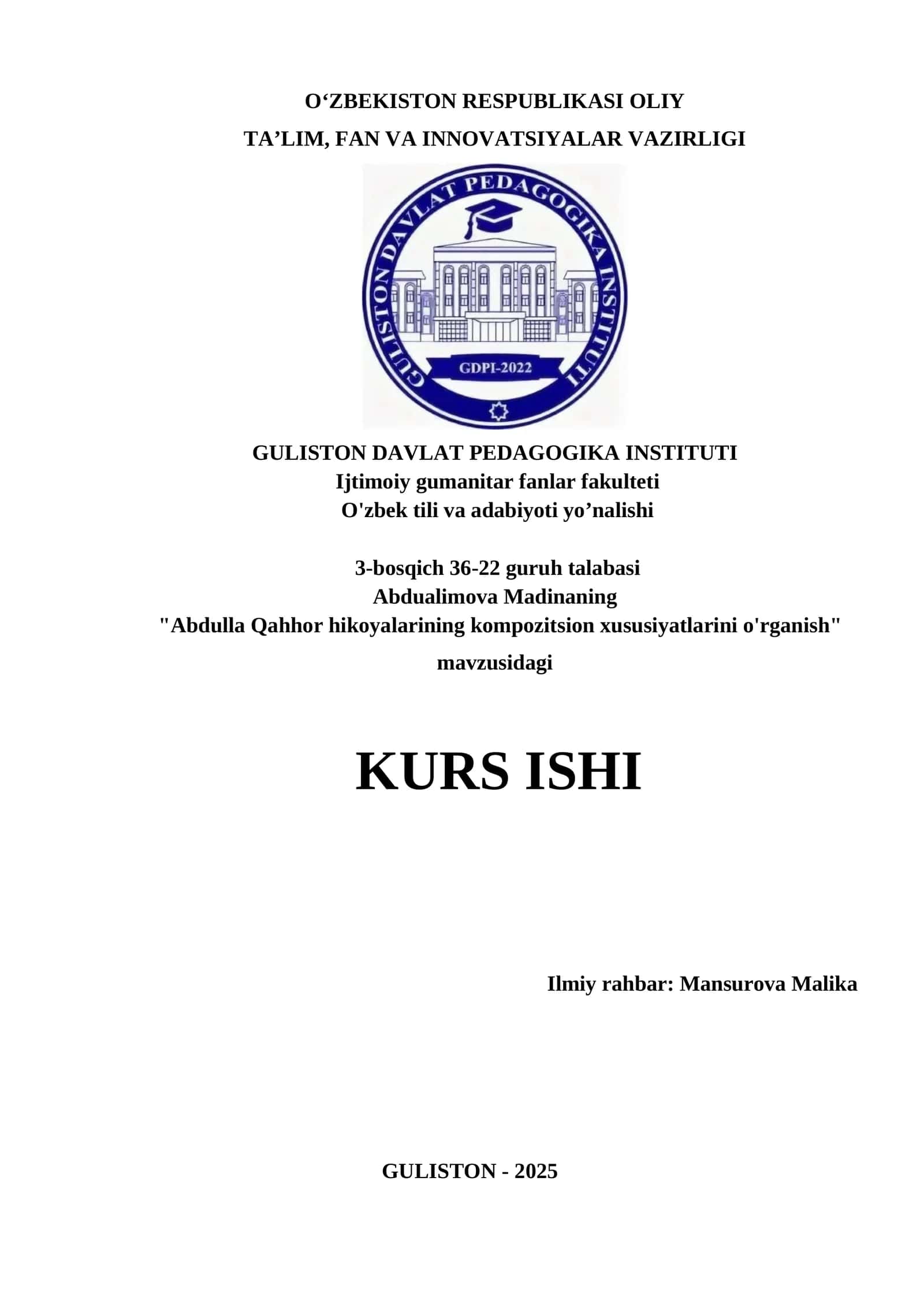 Abdulla Qahhor hikoyalarining kompozitsion xususiyatlarini o'rganish KURS ISHI