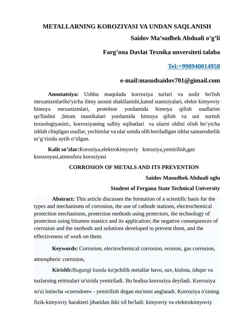 Materiallarning koroziyasi va ulardan saqlanish usullari