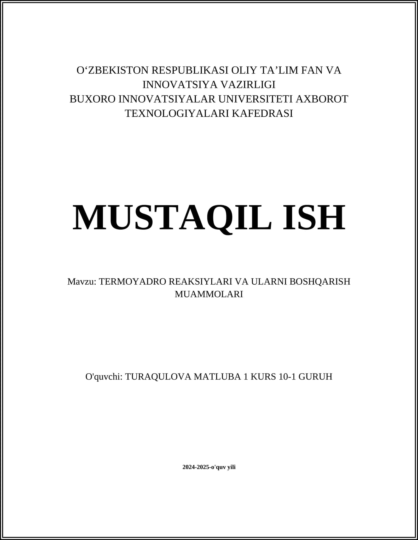 TERMOYADRO REAKSIYLARI VA ULARNI BOSHQARISH MUAMMOLARI