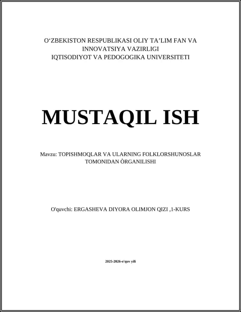 TOPISHMOQLAR VA ULARNING FOLKLORSHUNOSLAR TOMONIDAN ÒRGANILISHI