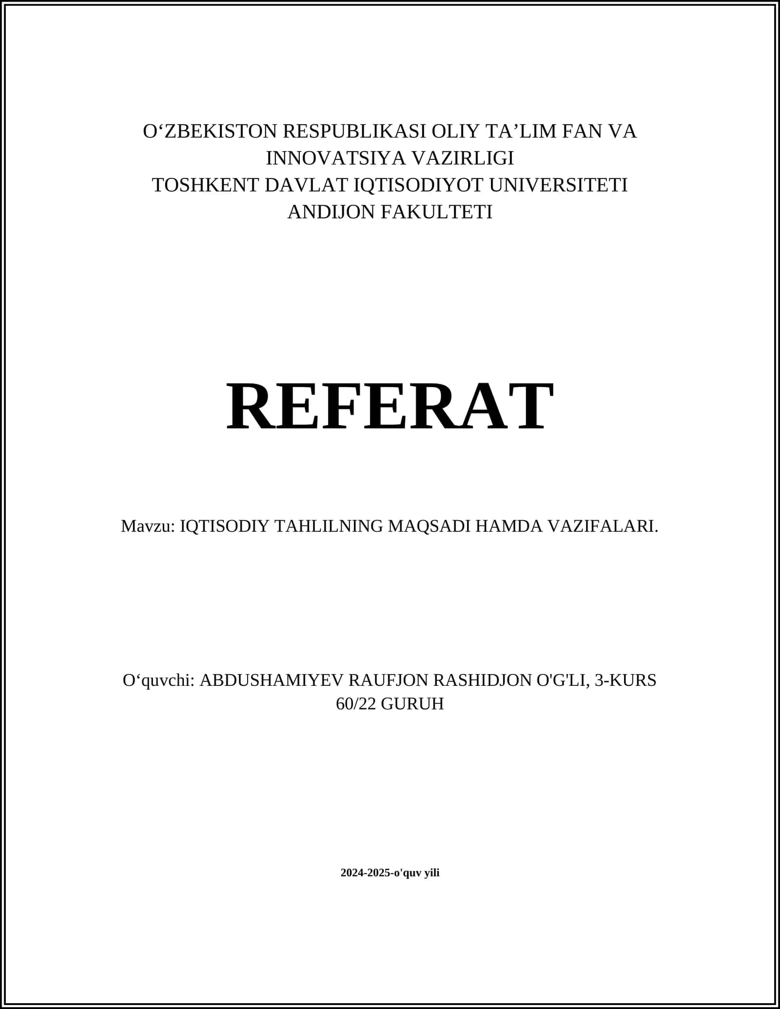 IQTISODIY TAHLILNING MAQSADI HAMDA VAZIFALARI