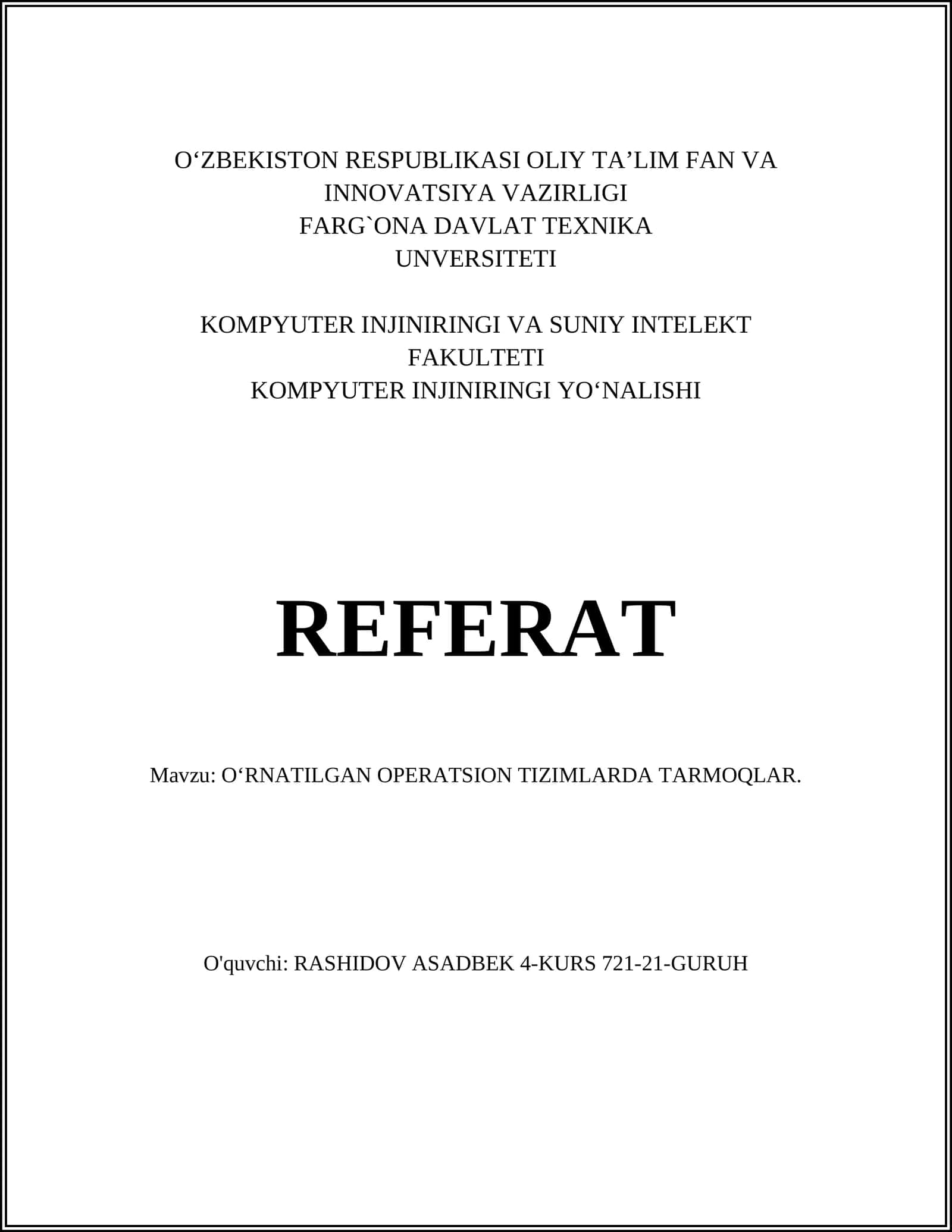 O‘RNATILGAN OPERATSION TIZIMLARDA TARMOQLAR